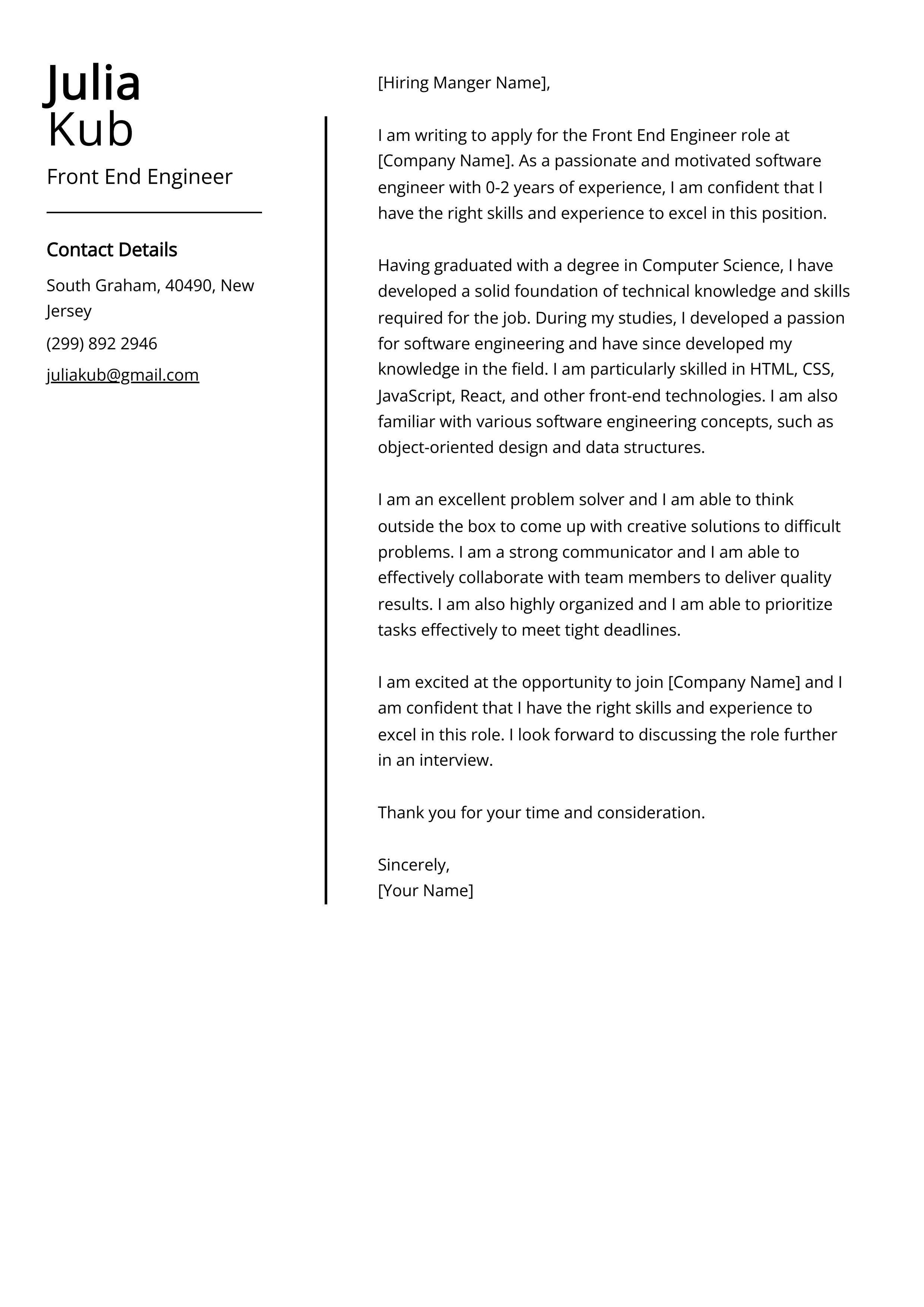 Front End Engineer Cover Letter Example