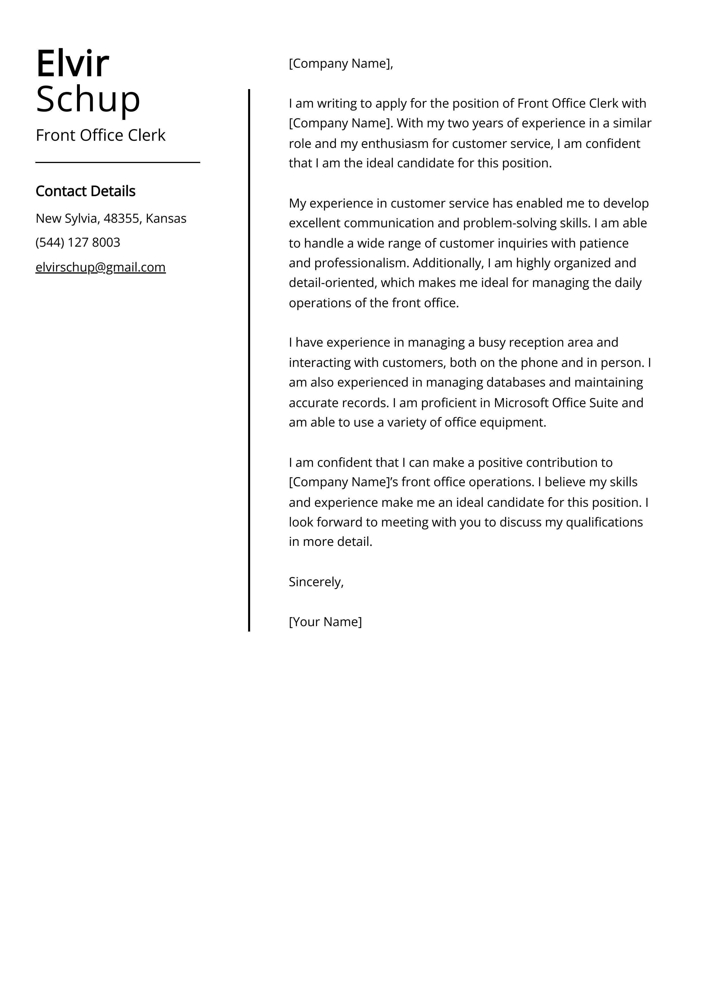 Front Office Clerk Cover Letter Example