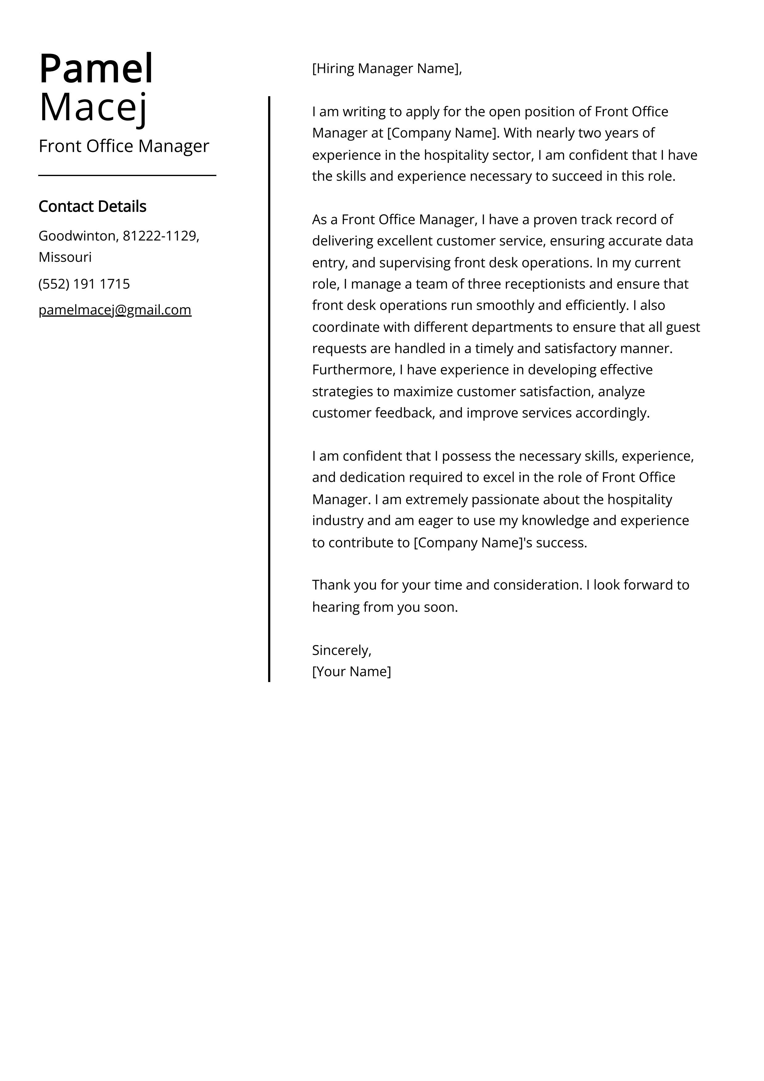 Front Office Manager Cover Letter Example
