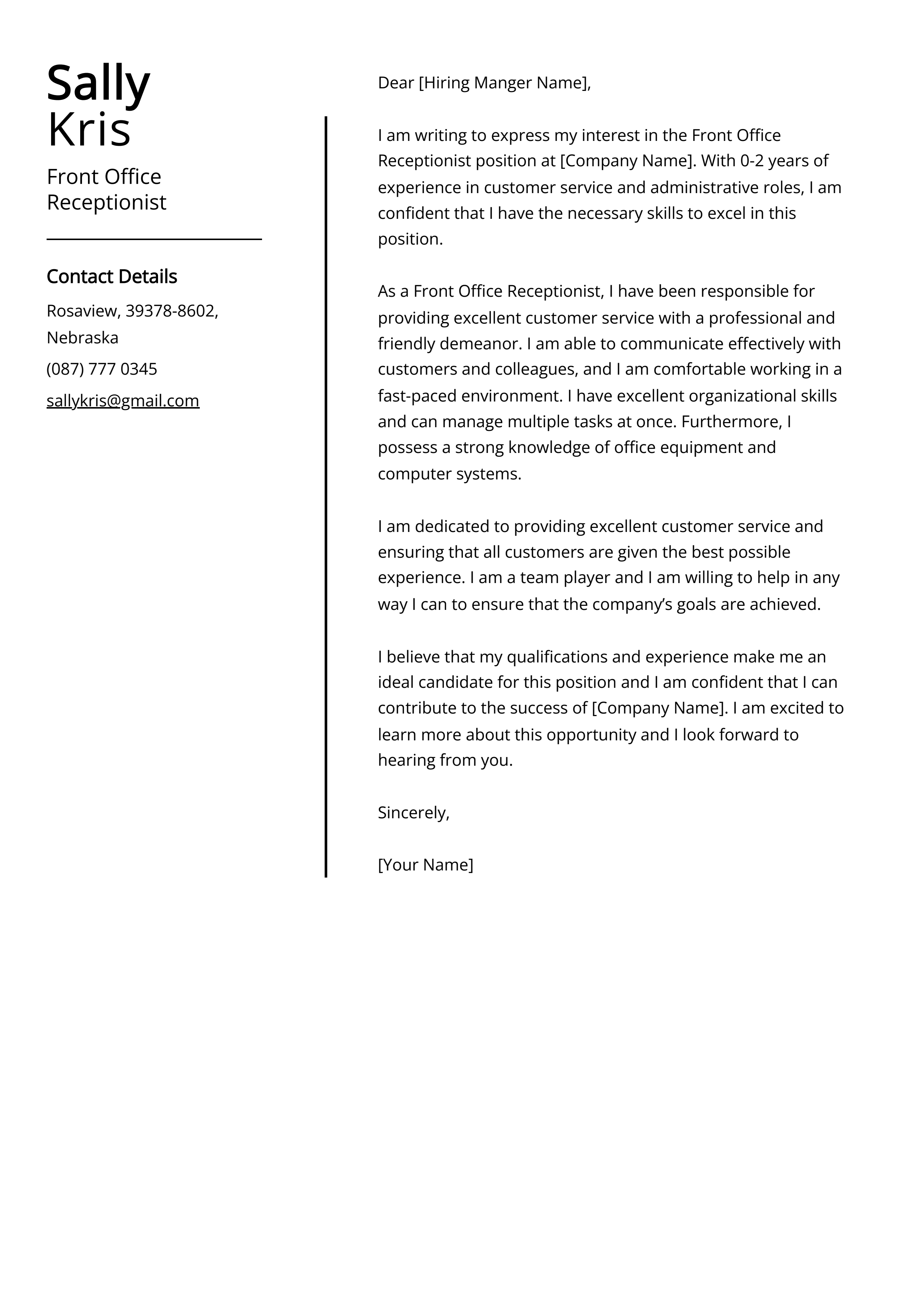 Front Office Receptionist Cover Letter Example