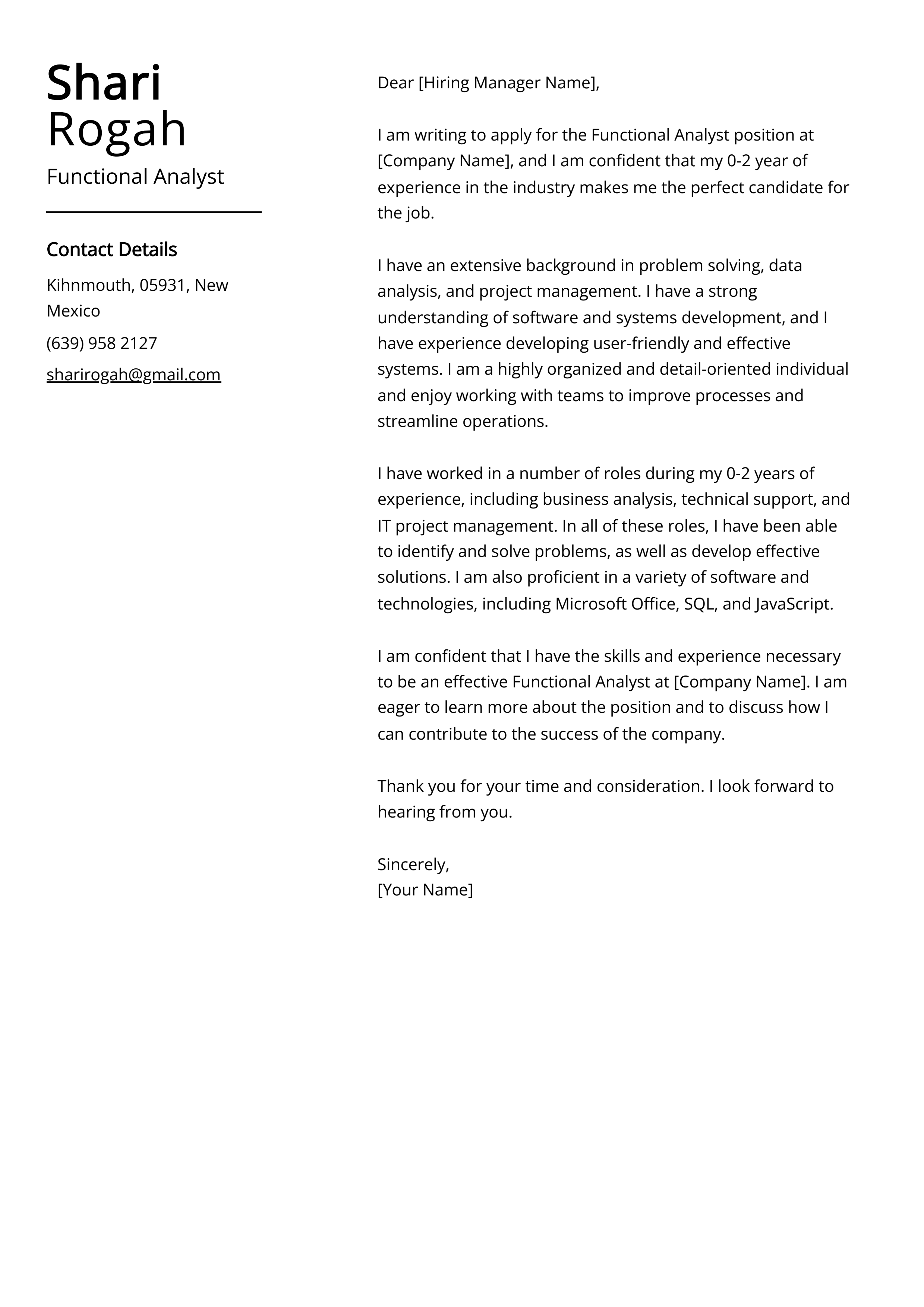 Functional Analyst Cover Letter Example