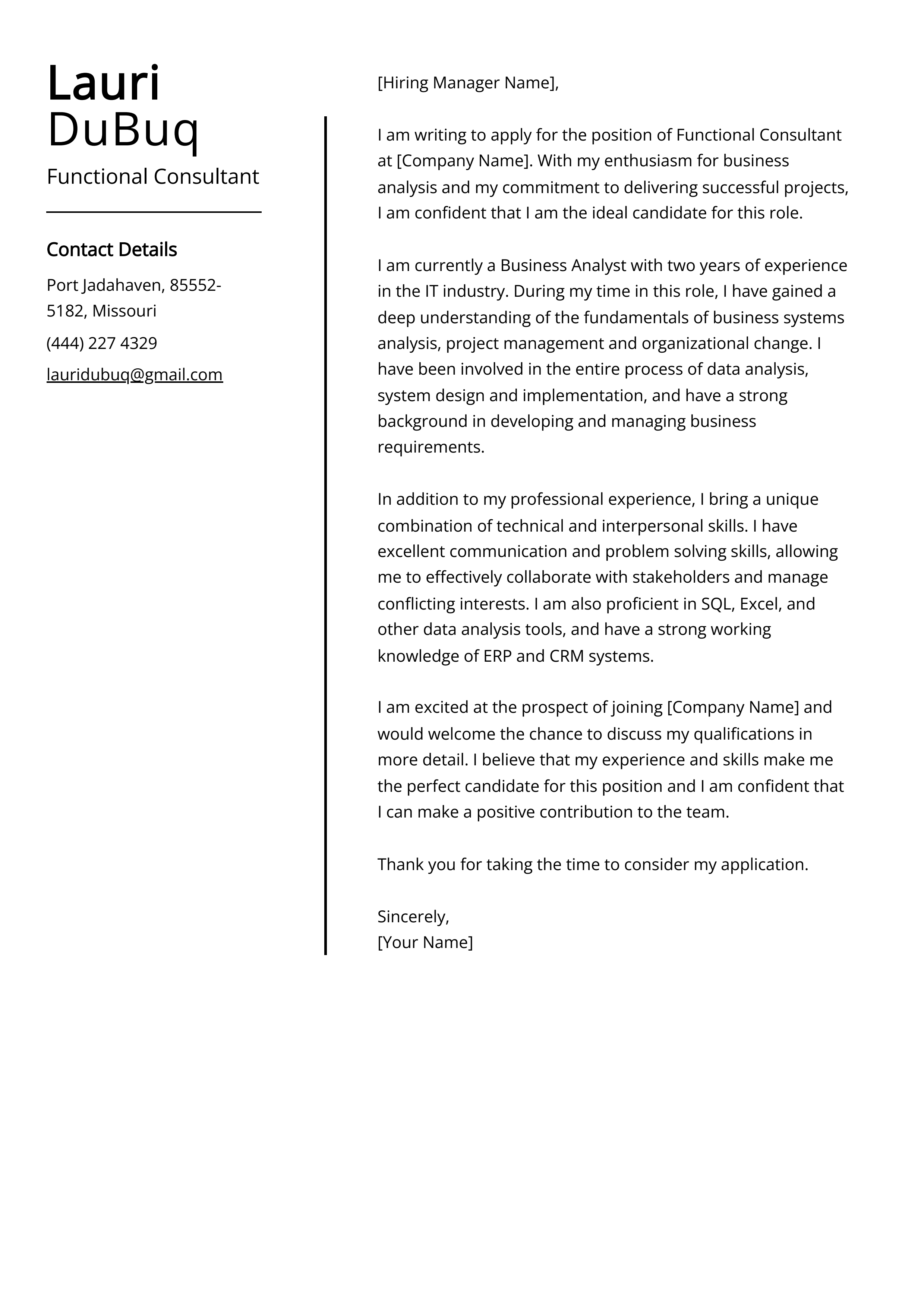 Functional Consultant Cover Letter Example