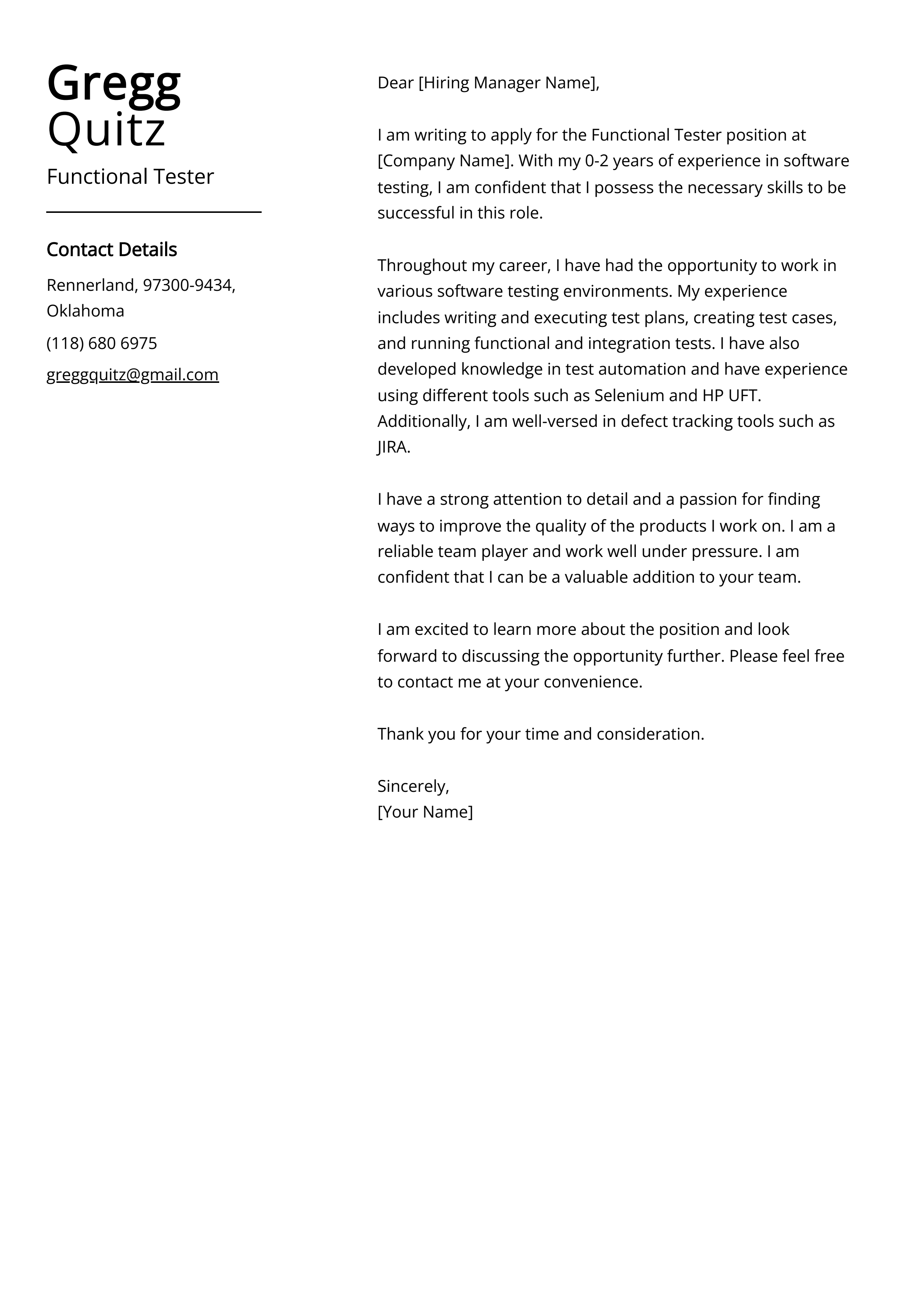 Functional Tester Cover Letter Example