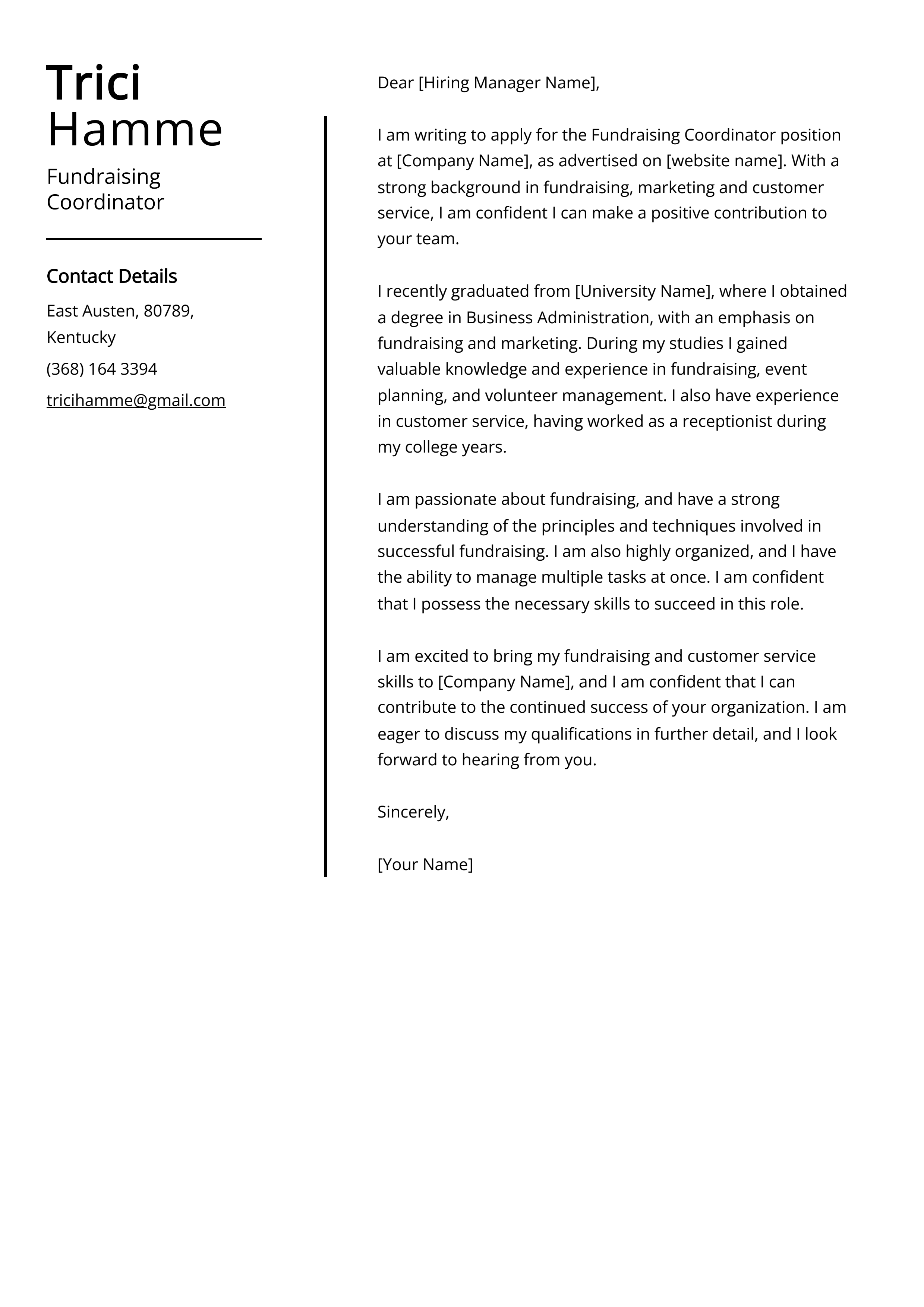 Fundraising Coordinator Cover Letter Example