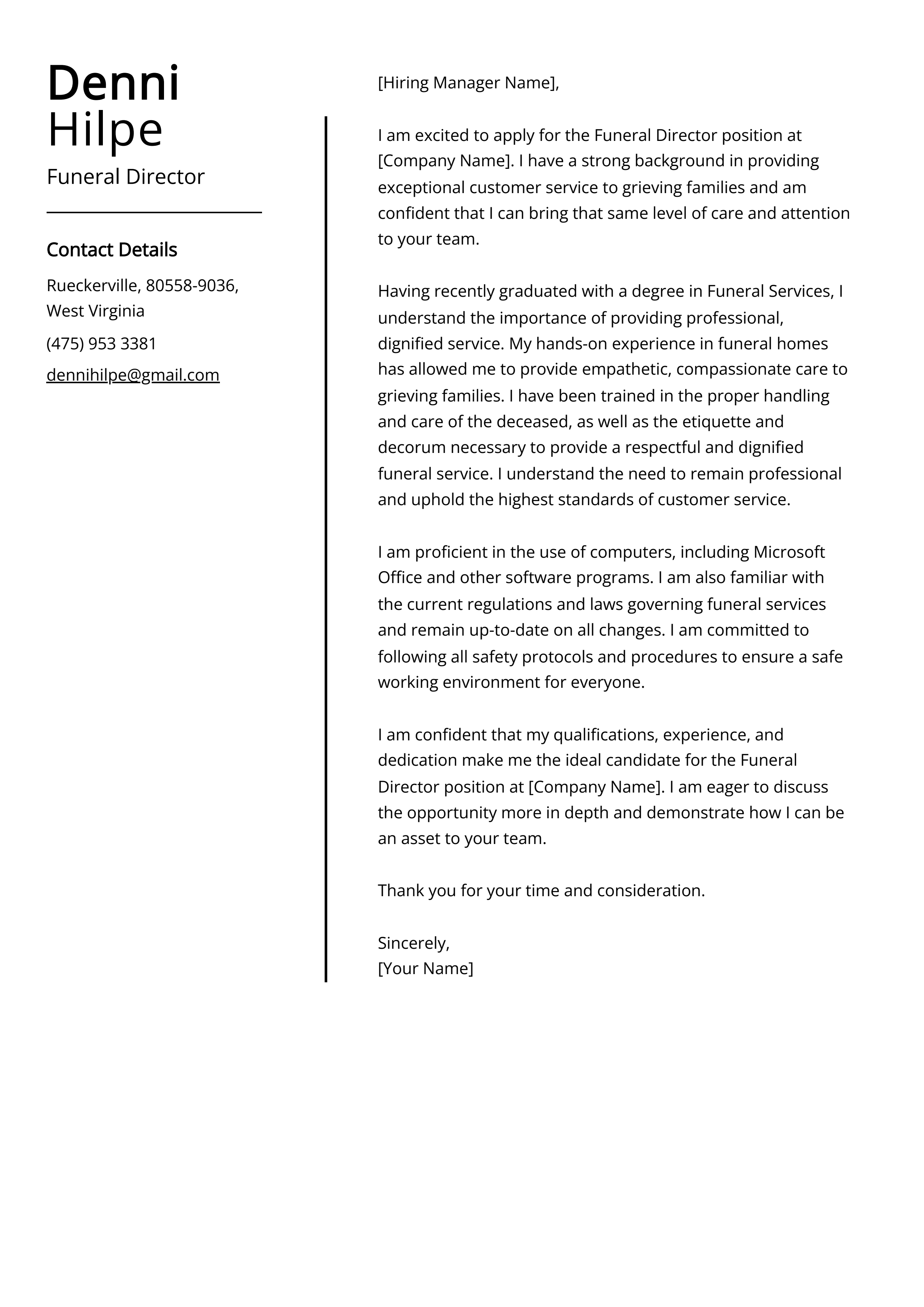 Funeral Director Cover Letter Example