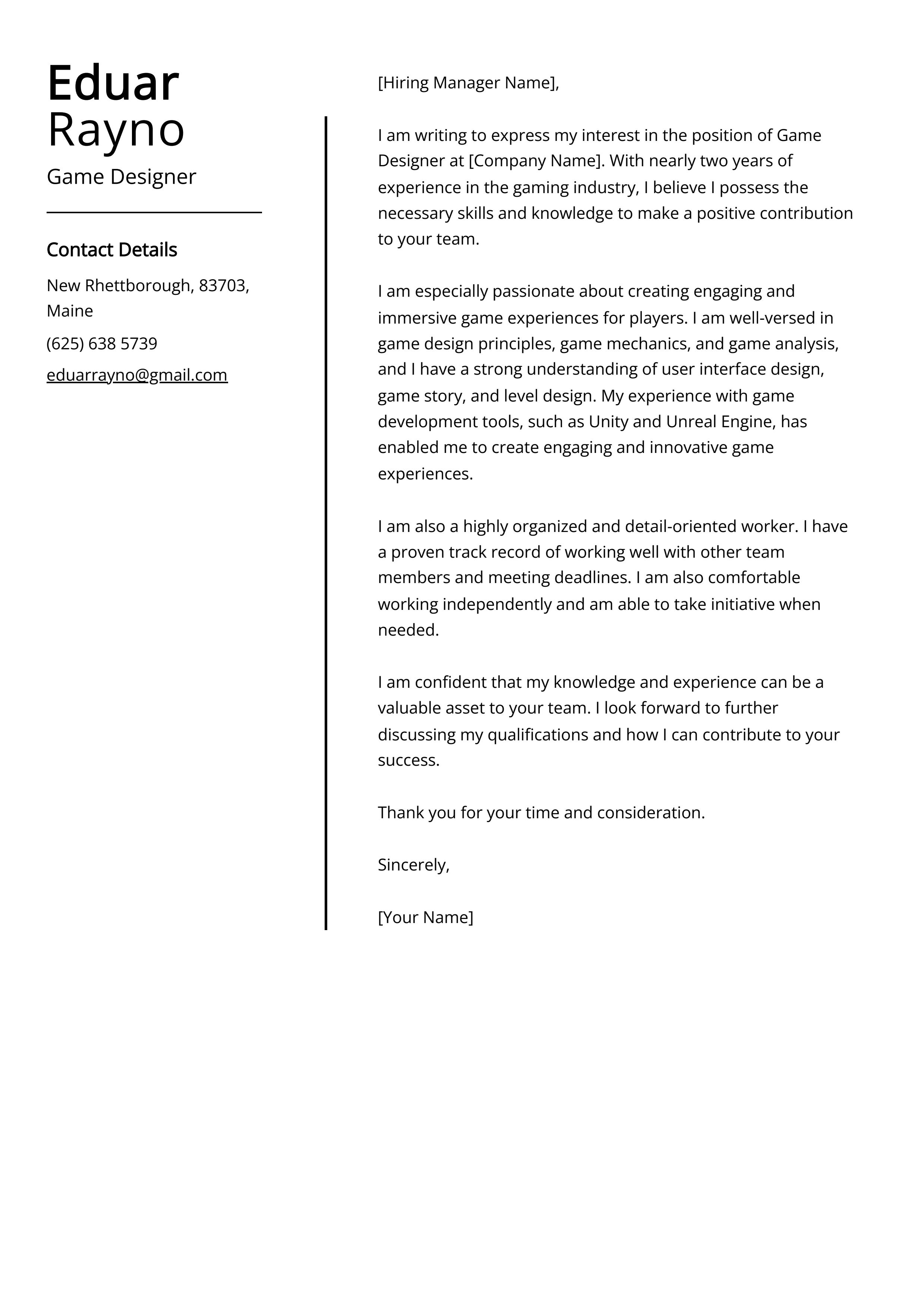 Game Designer Cover Letter Example