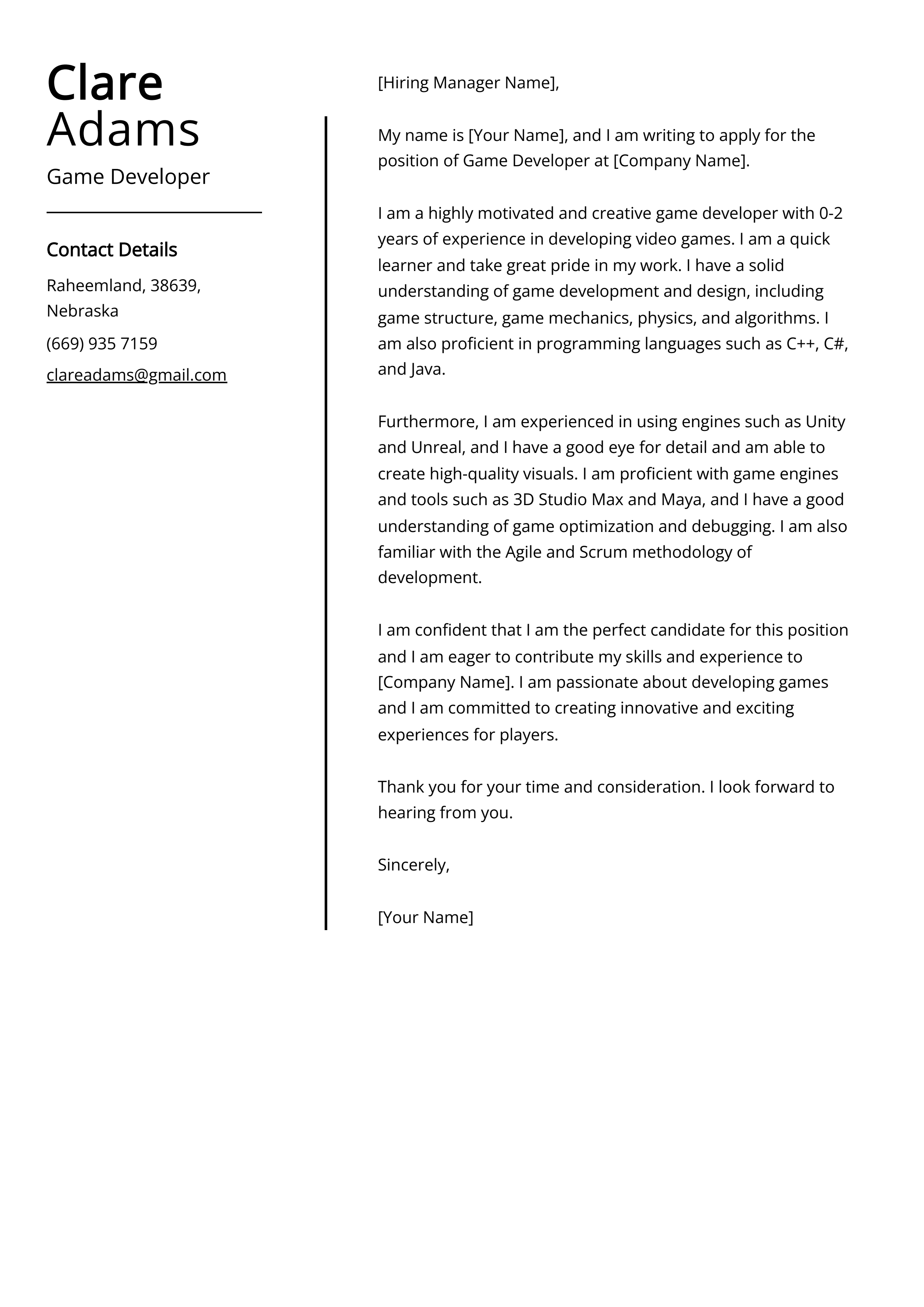 Game Developer Cover Letter Example (Free Guide)