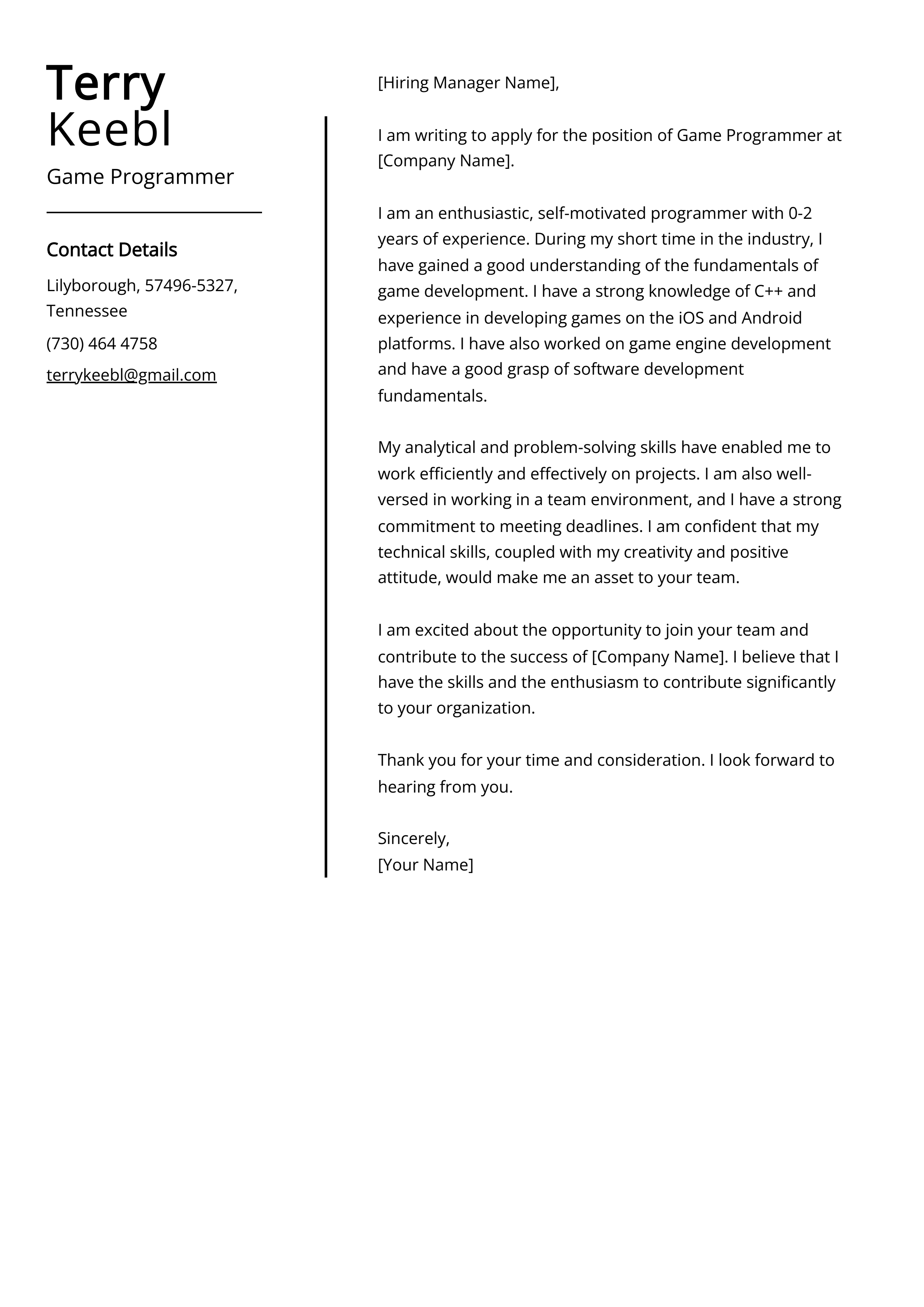 Game Programmer Cover Letter Example