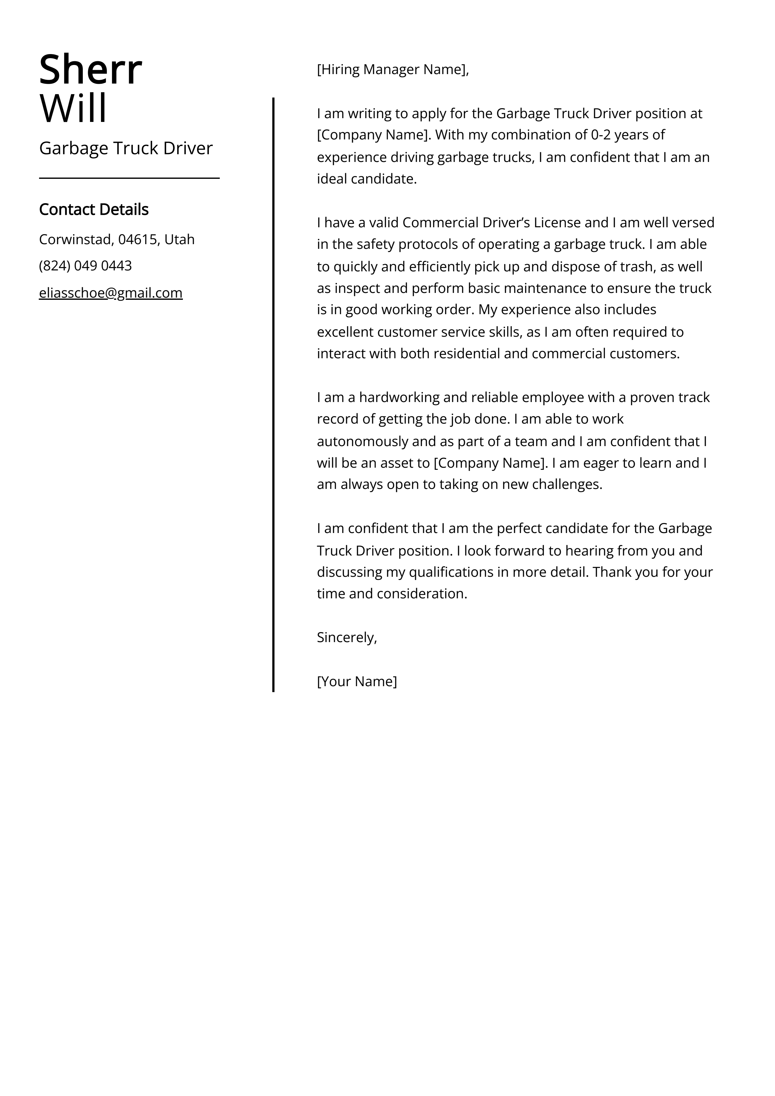 Garbage Truck Driver Cover Letter Example
