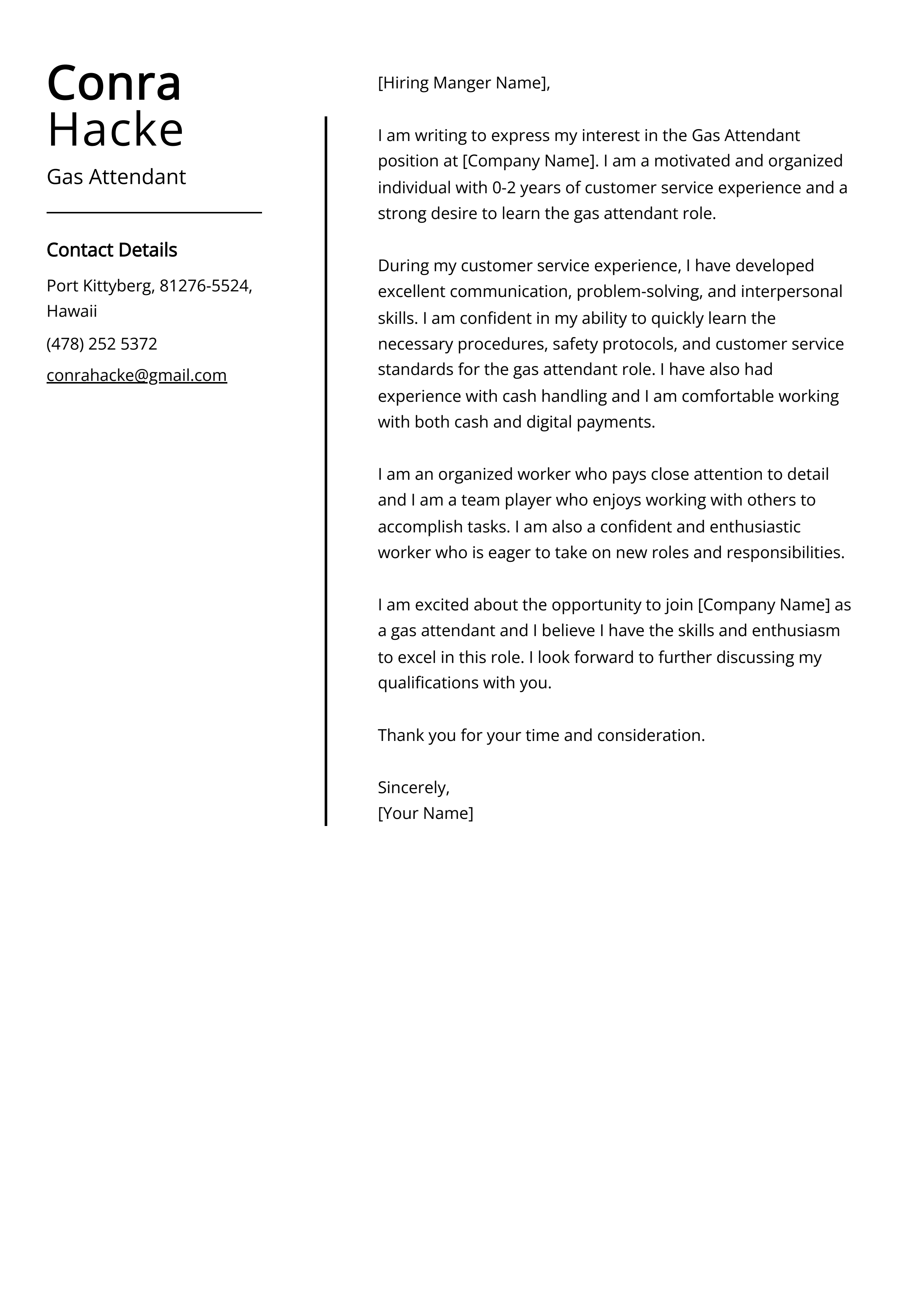 Gas Attendant Cover Letter Example