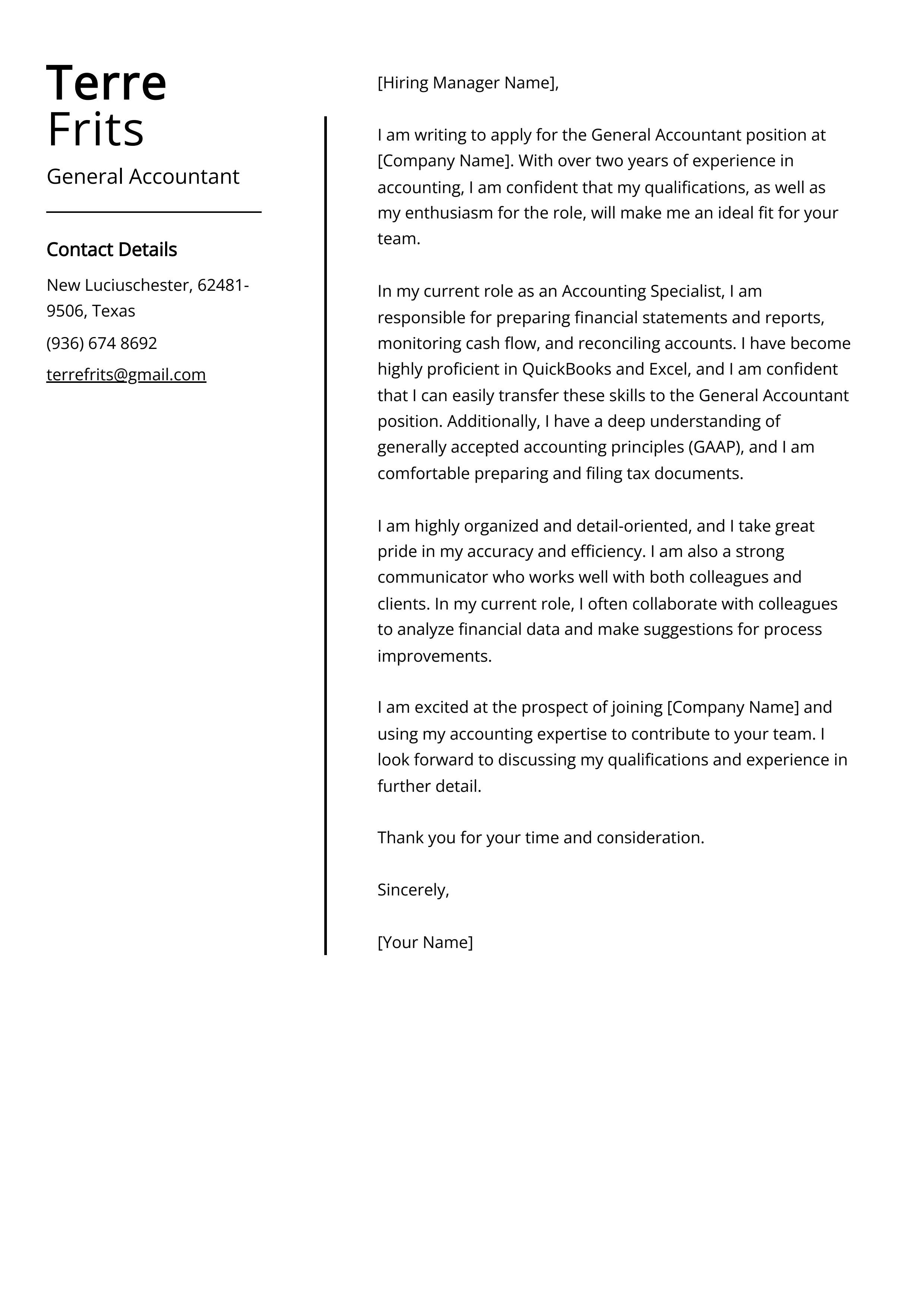 General Accountant Cover Letter Example