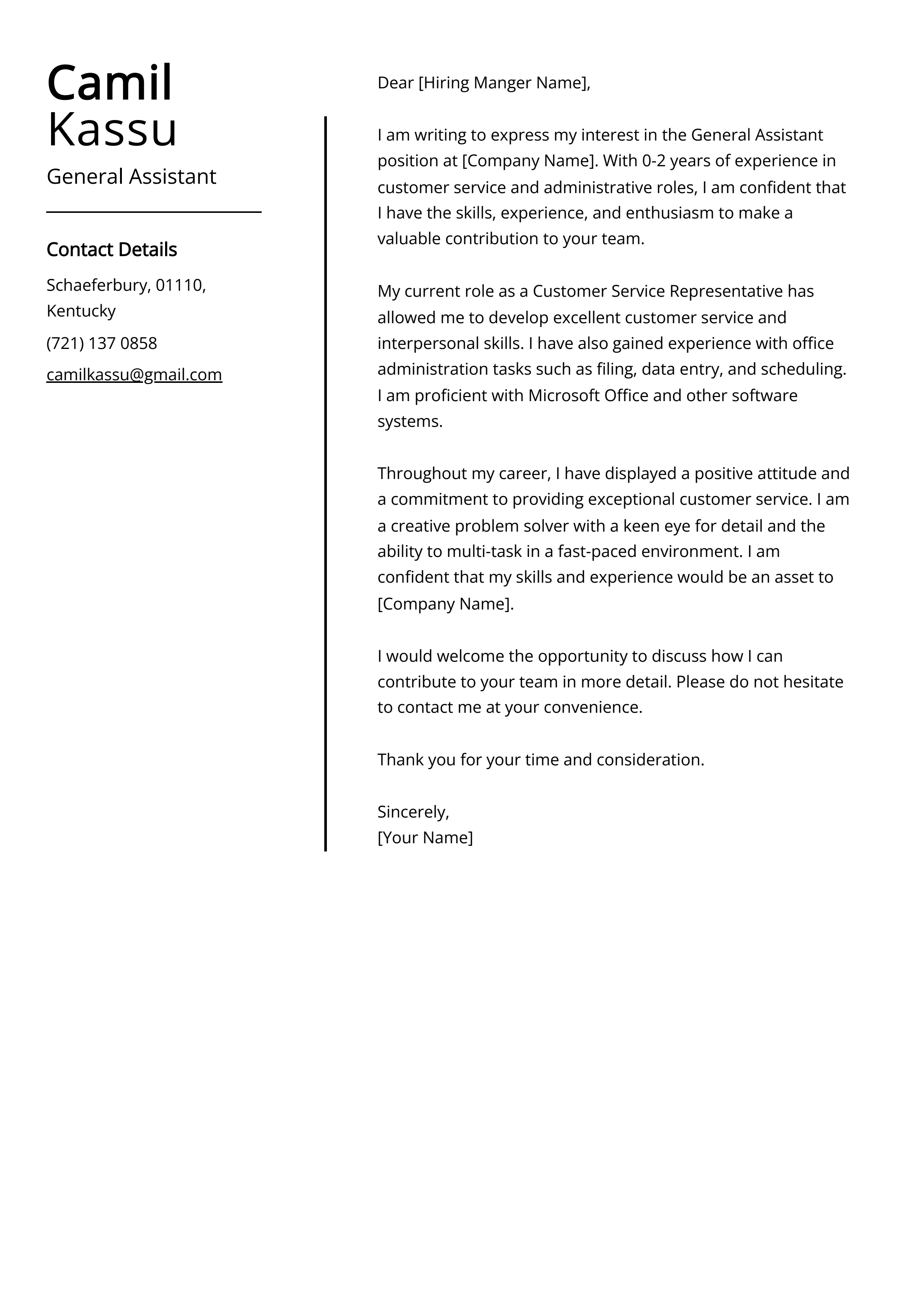 General Assistant Cover Letter Example