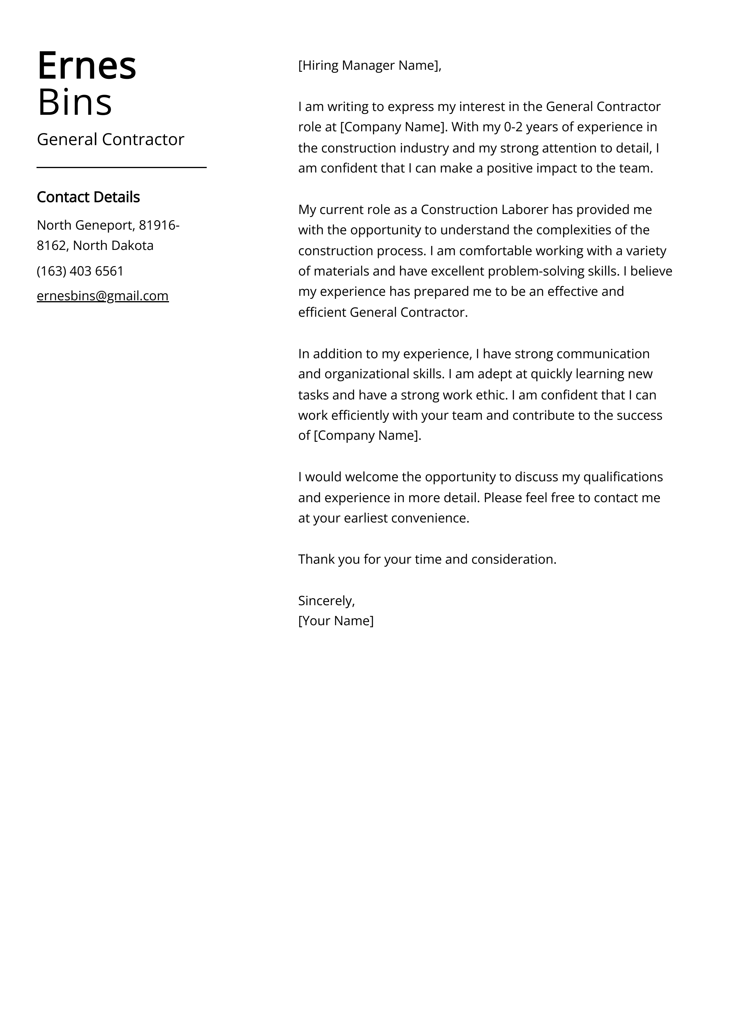 General Contractor Cover Letter Example