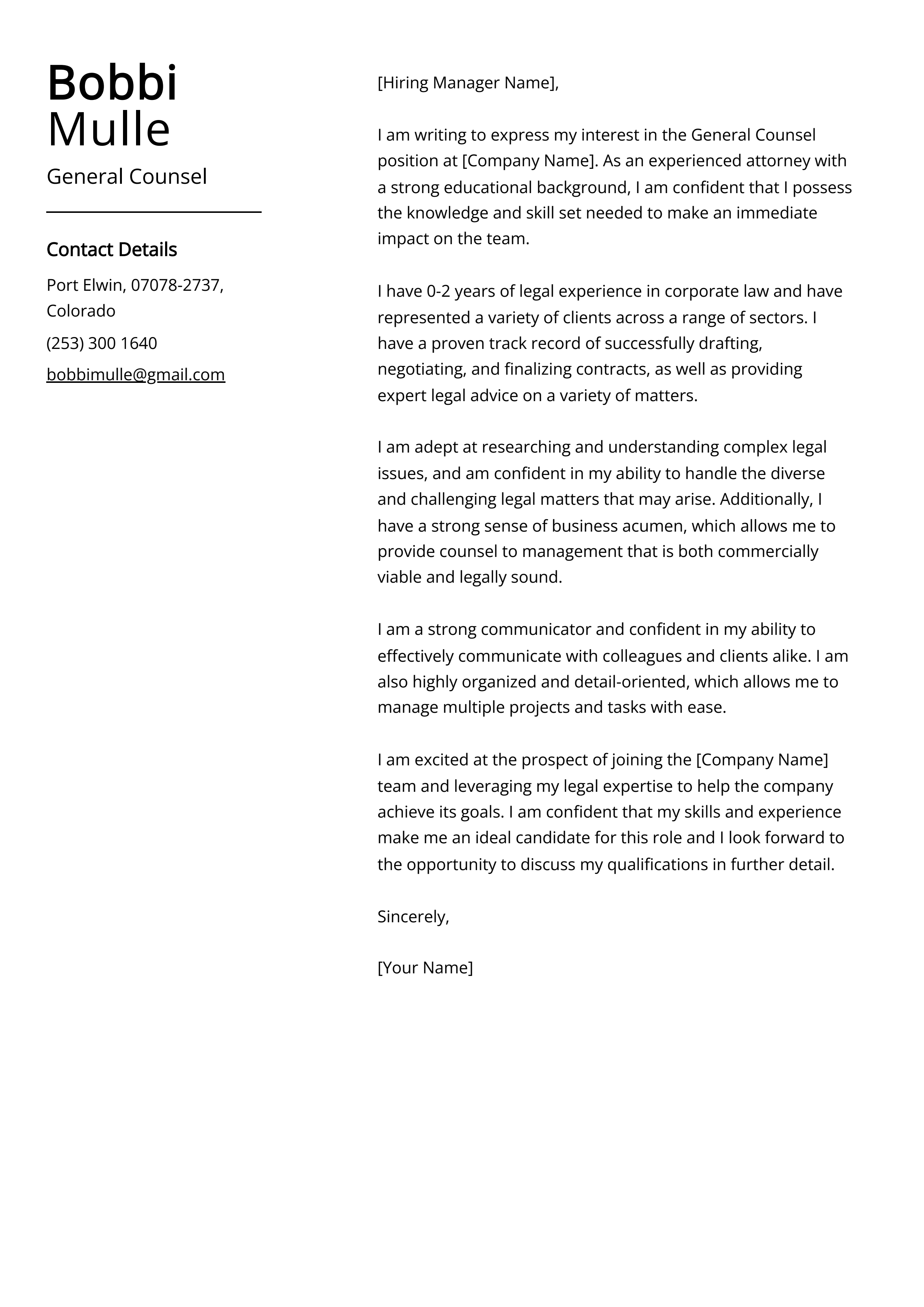 General Counsel Cover Letter Example