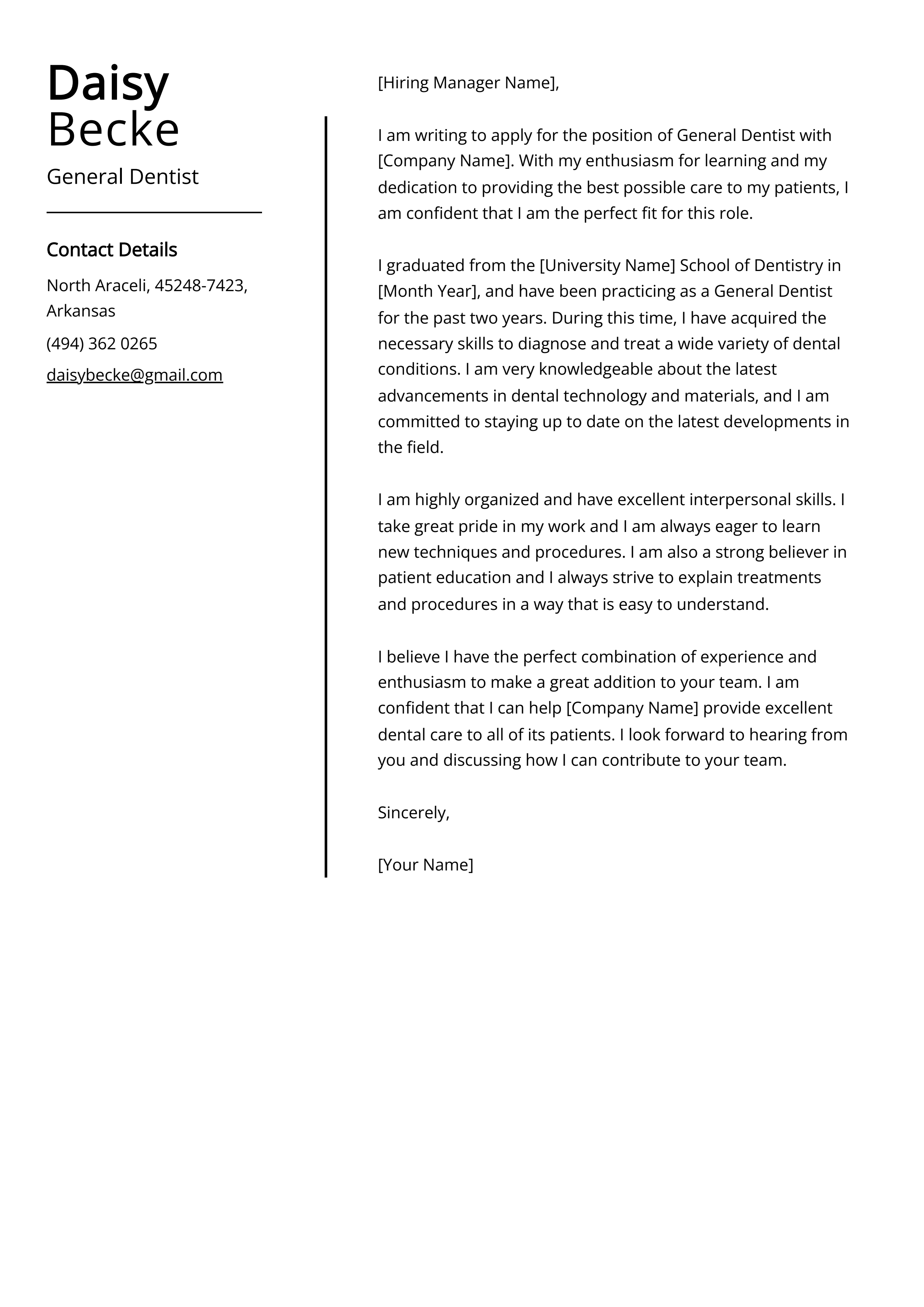 General Dentist Cover Letter Example