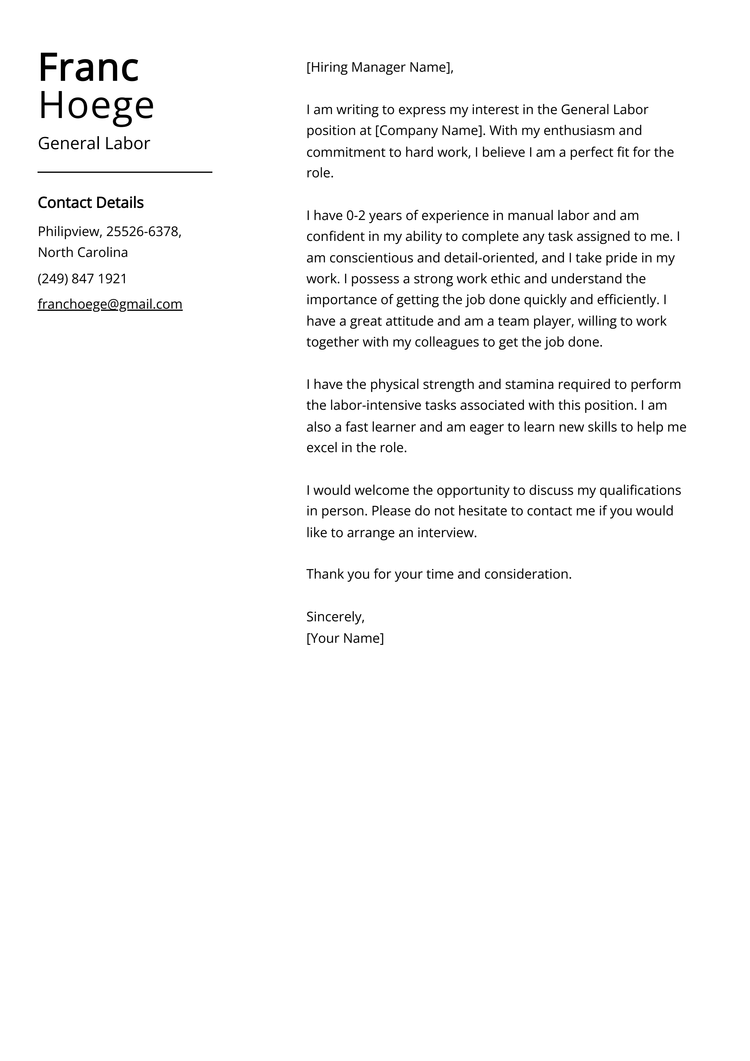 General Labor Cover Letter Example