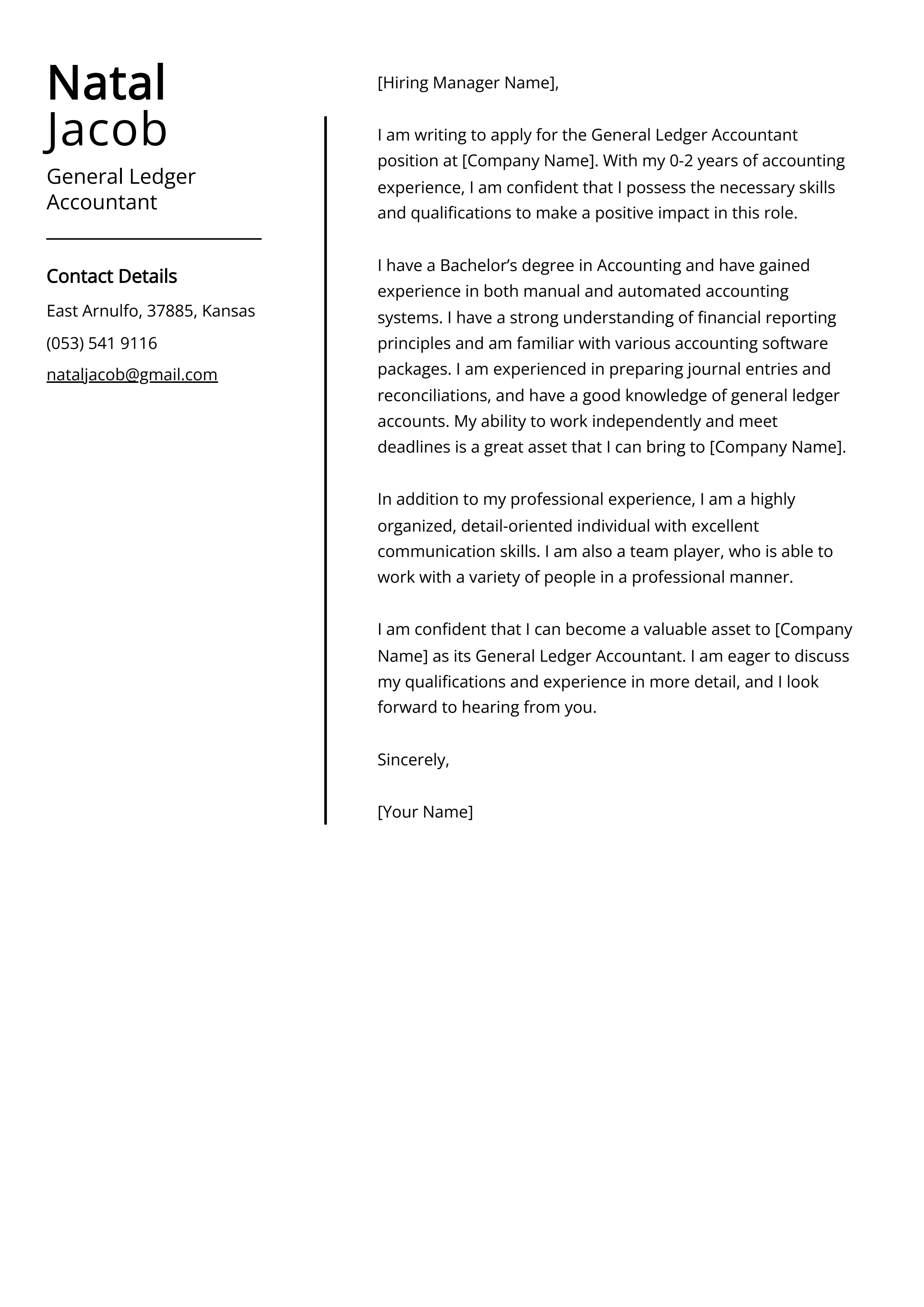 General Ledger Accountant Cover Letter Example