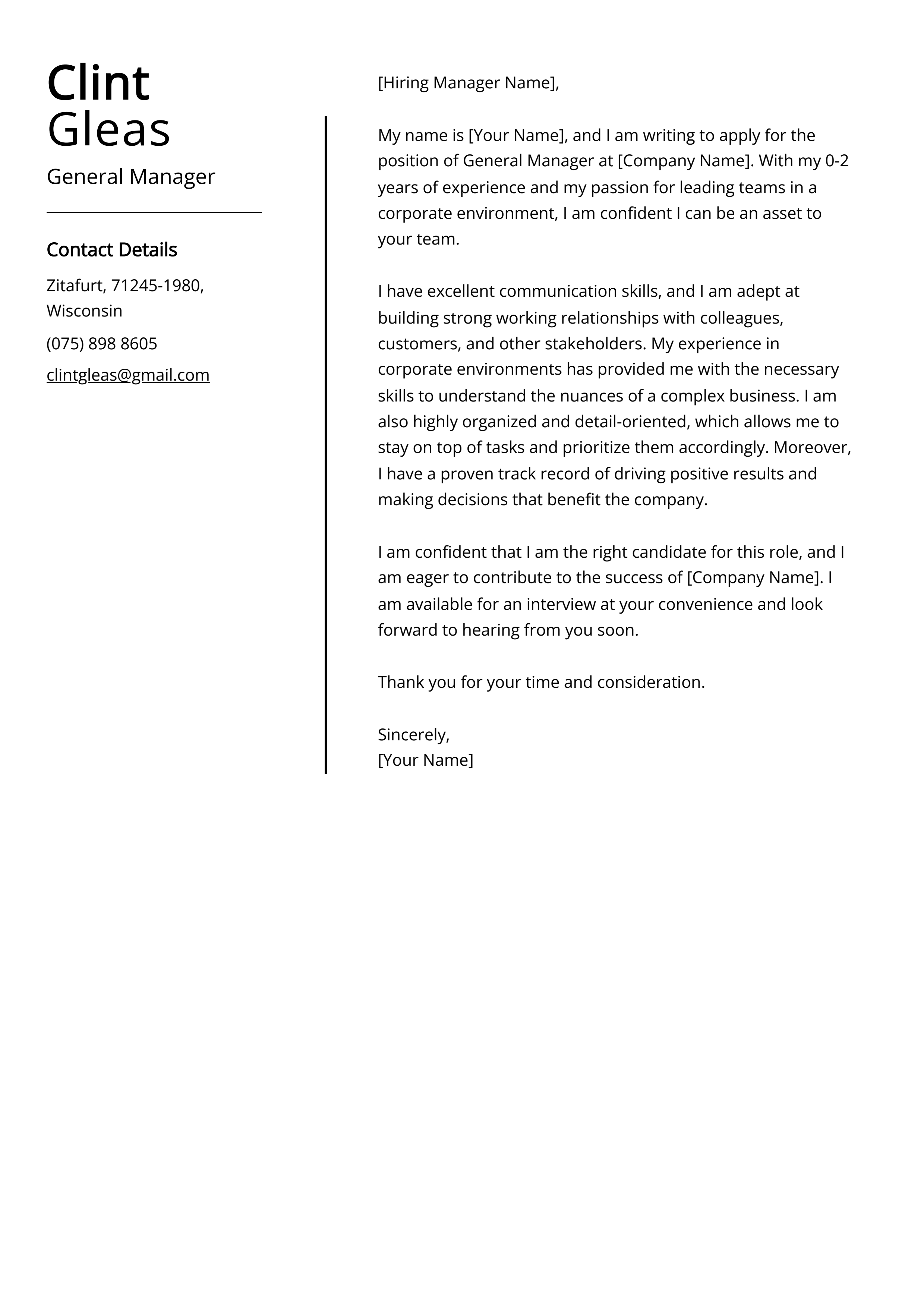 General Manager Cover Letter Example