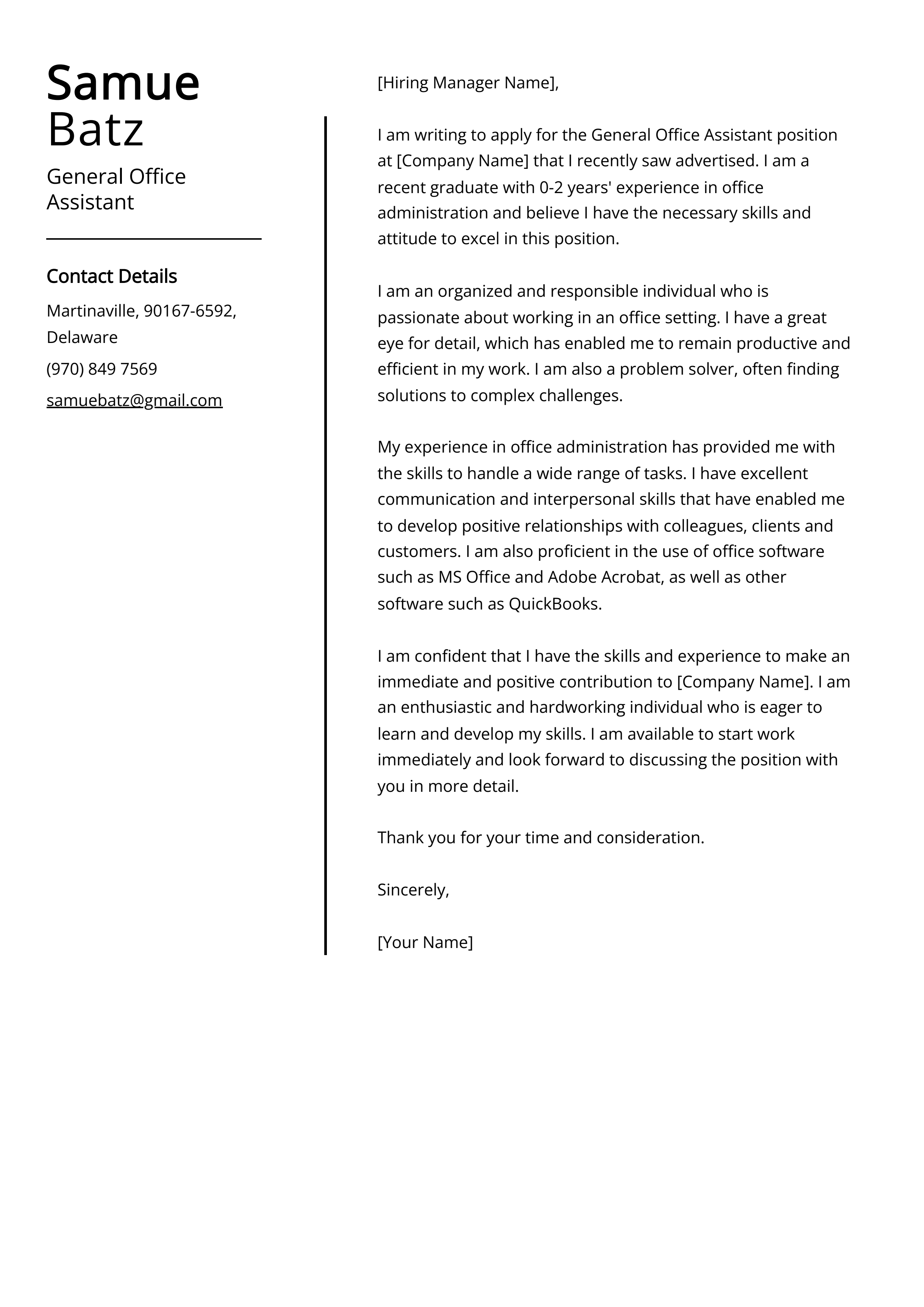 General Office Assistant Cover Letter Example