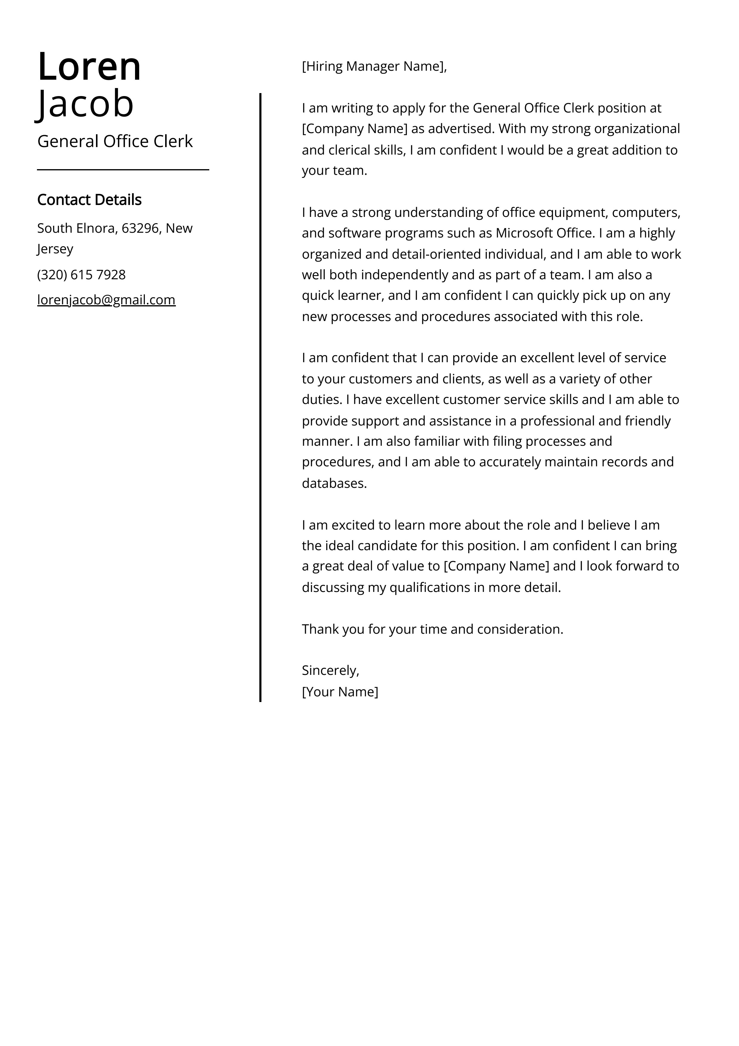 General Office Clerk Cover Letter Example