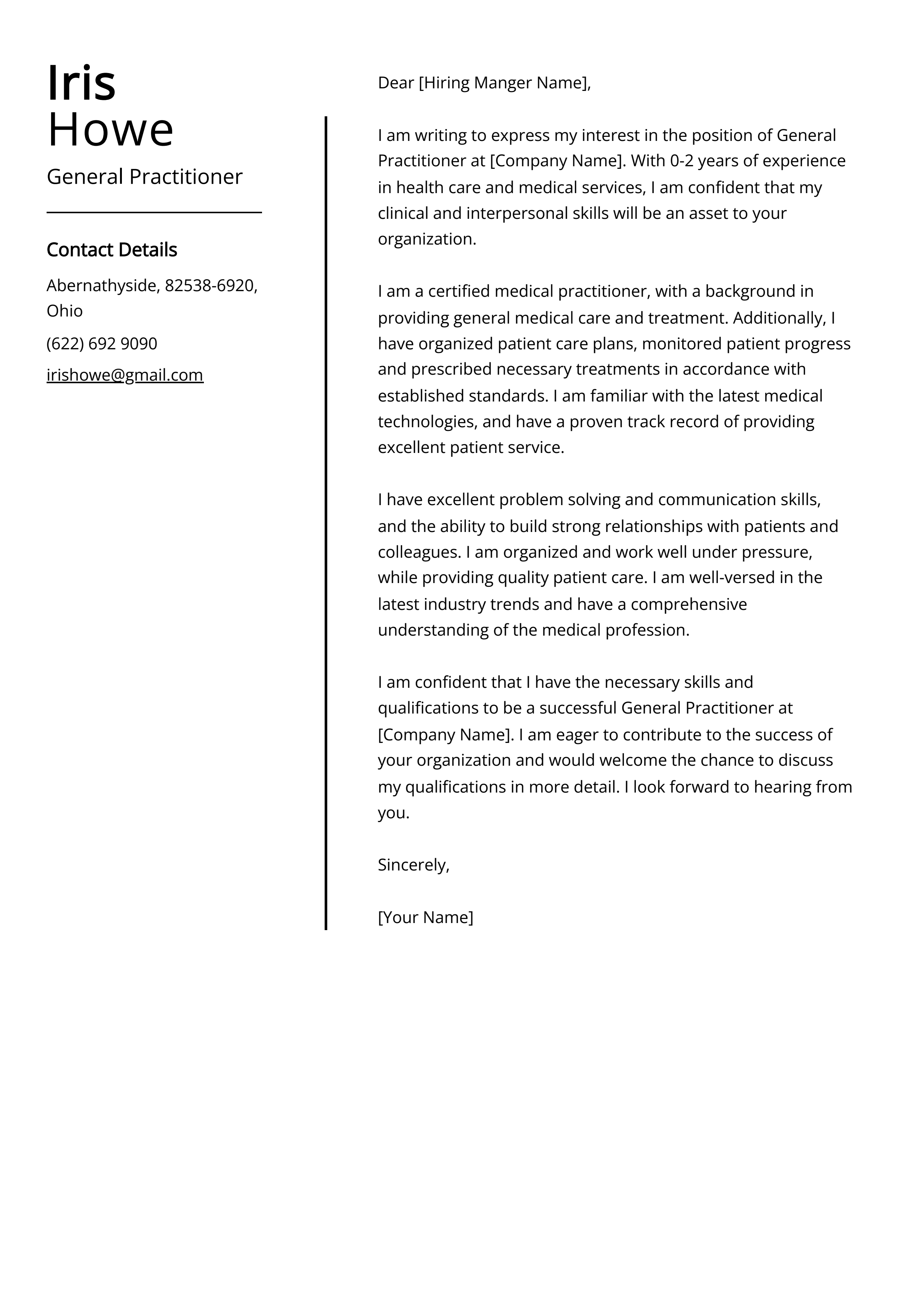 General Practitioner Cover Letter Example