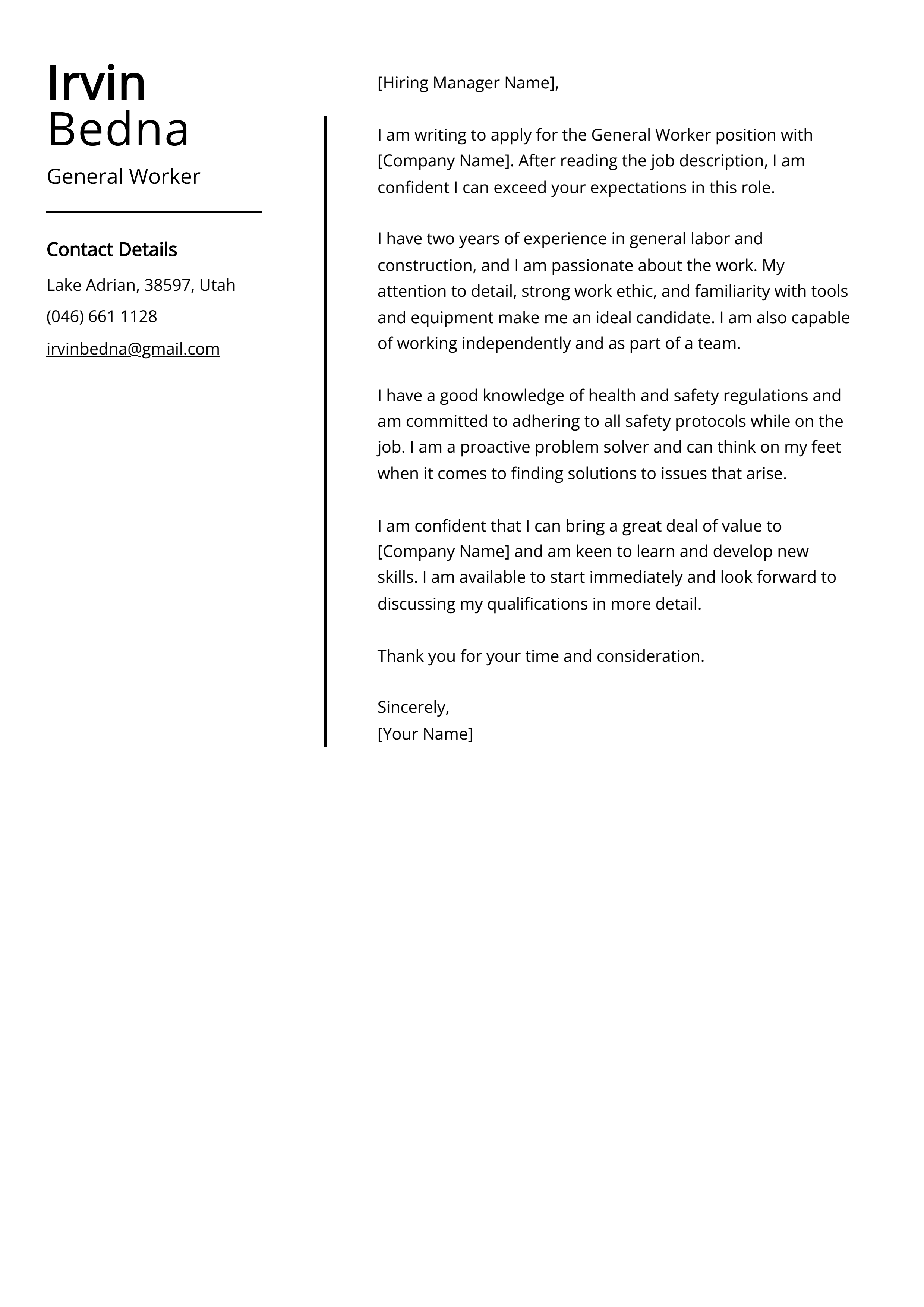General Worker Cover Letter Example