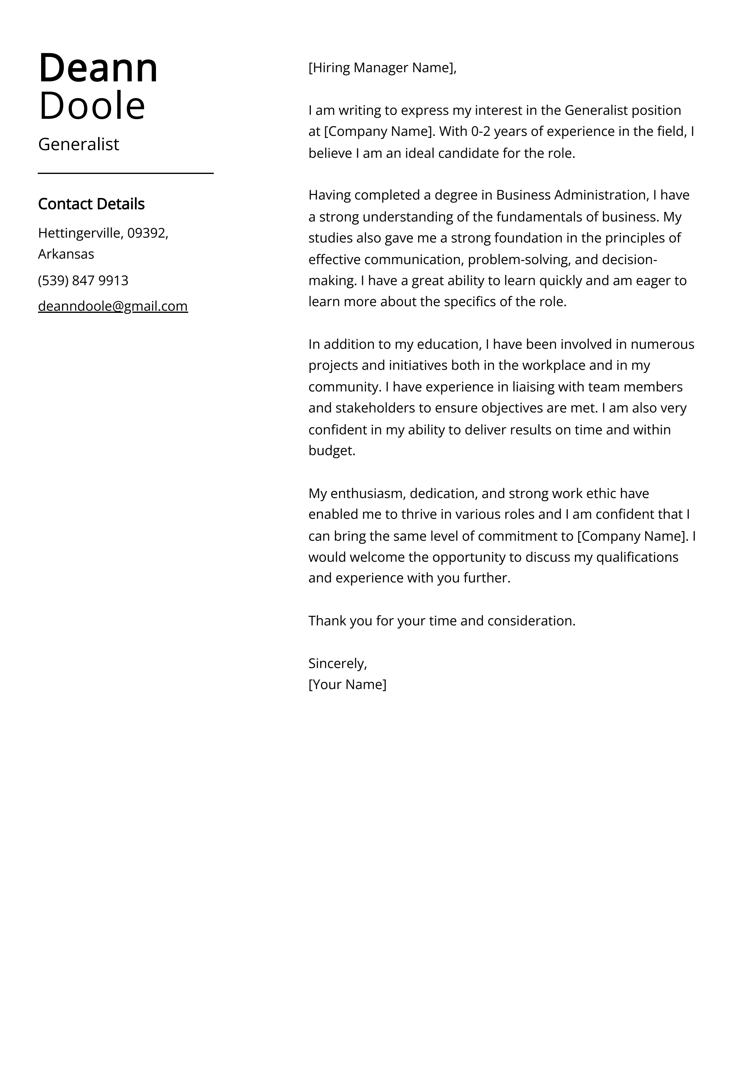 Generalist Cover Letter Example