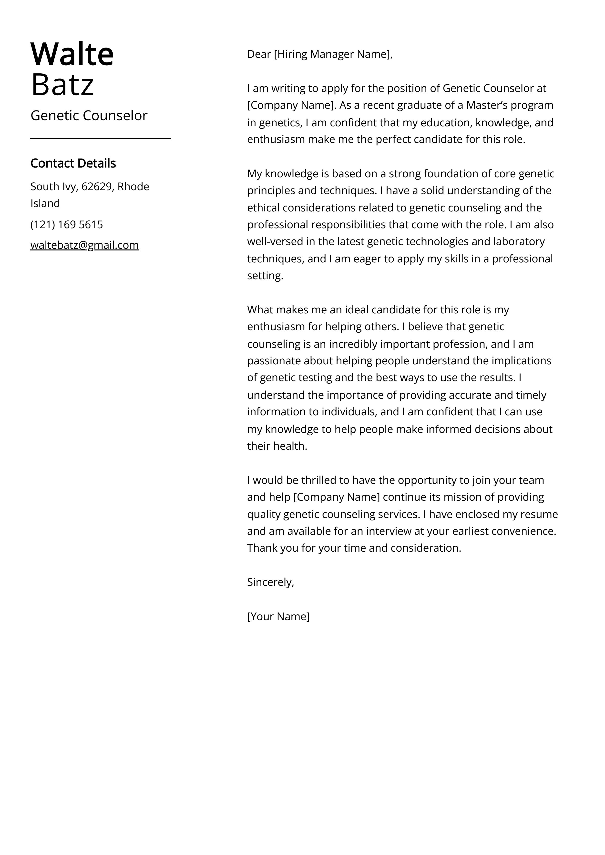 Genetic Counselor Cover Letter Example