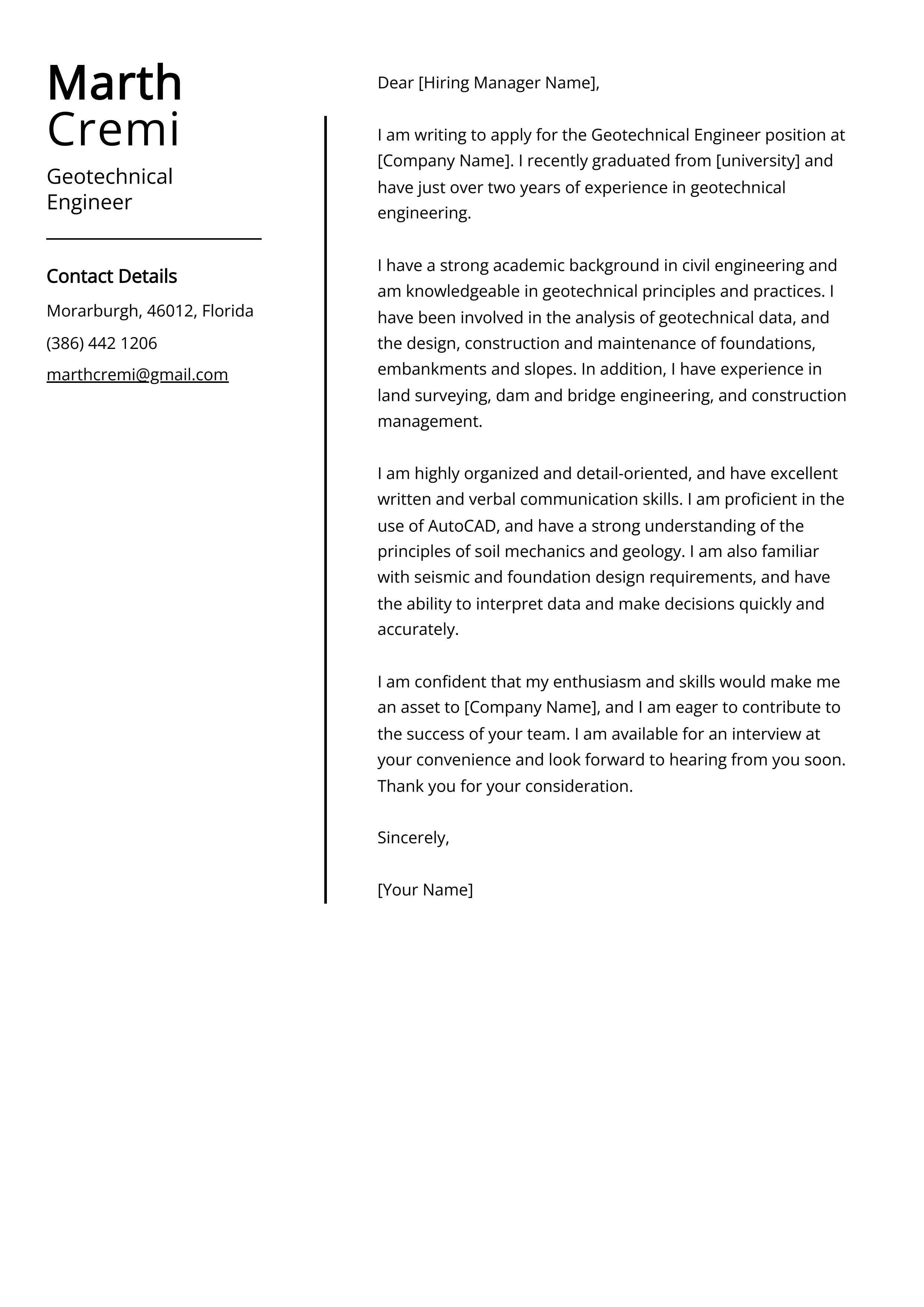 Geotechnical Engineer Cover Letter Example