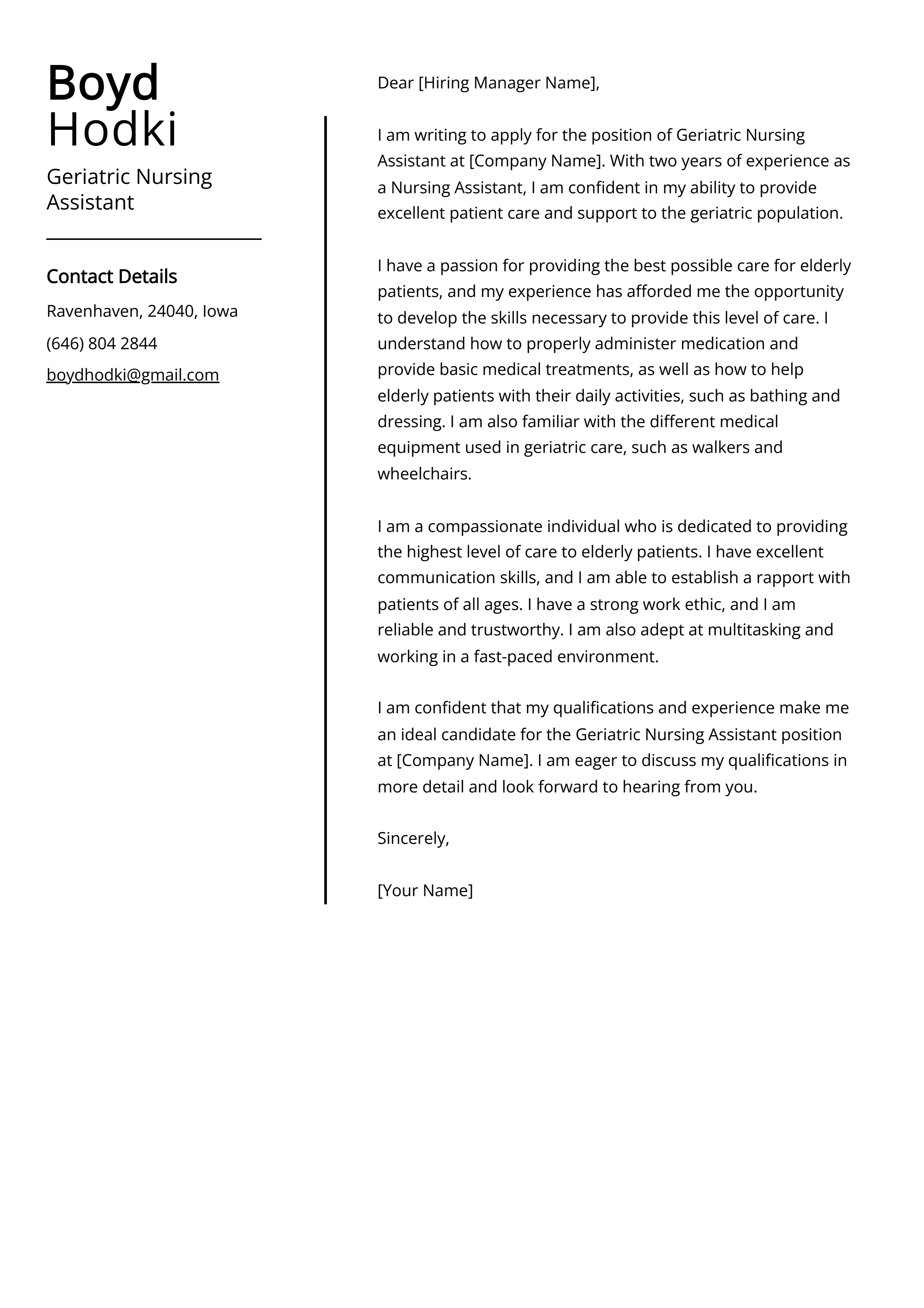 Geriatric Nursing Assistant Cover Letter Example