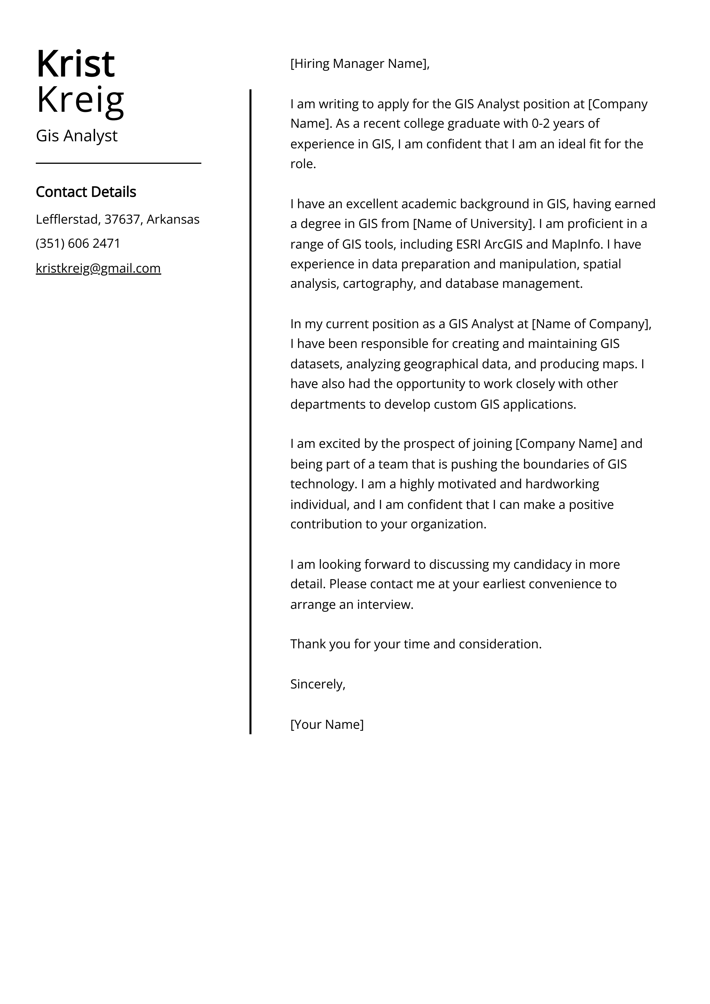 Gis Analyst Cover Letter Example
