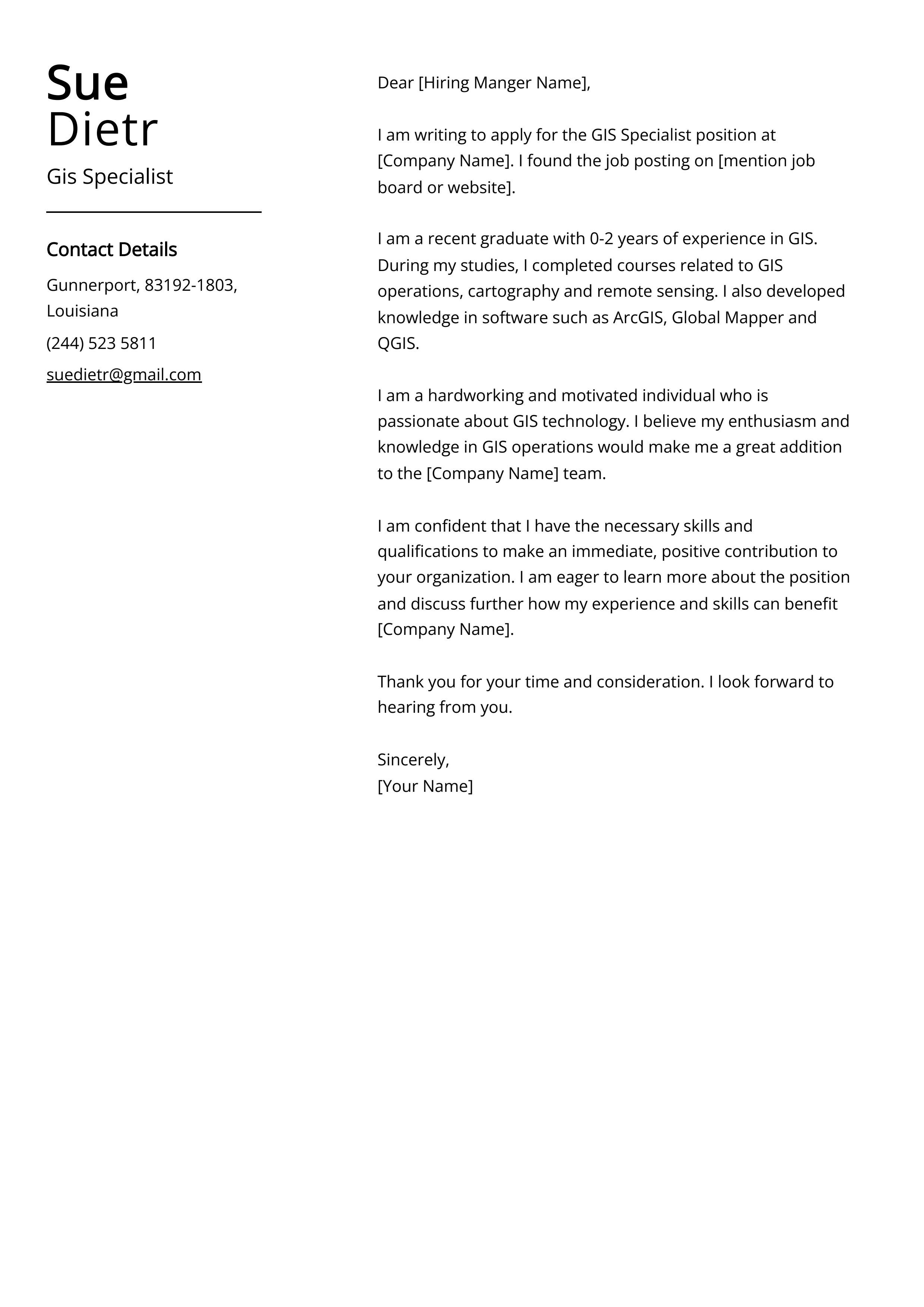 Gis Specialist Cover Letter Example