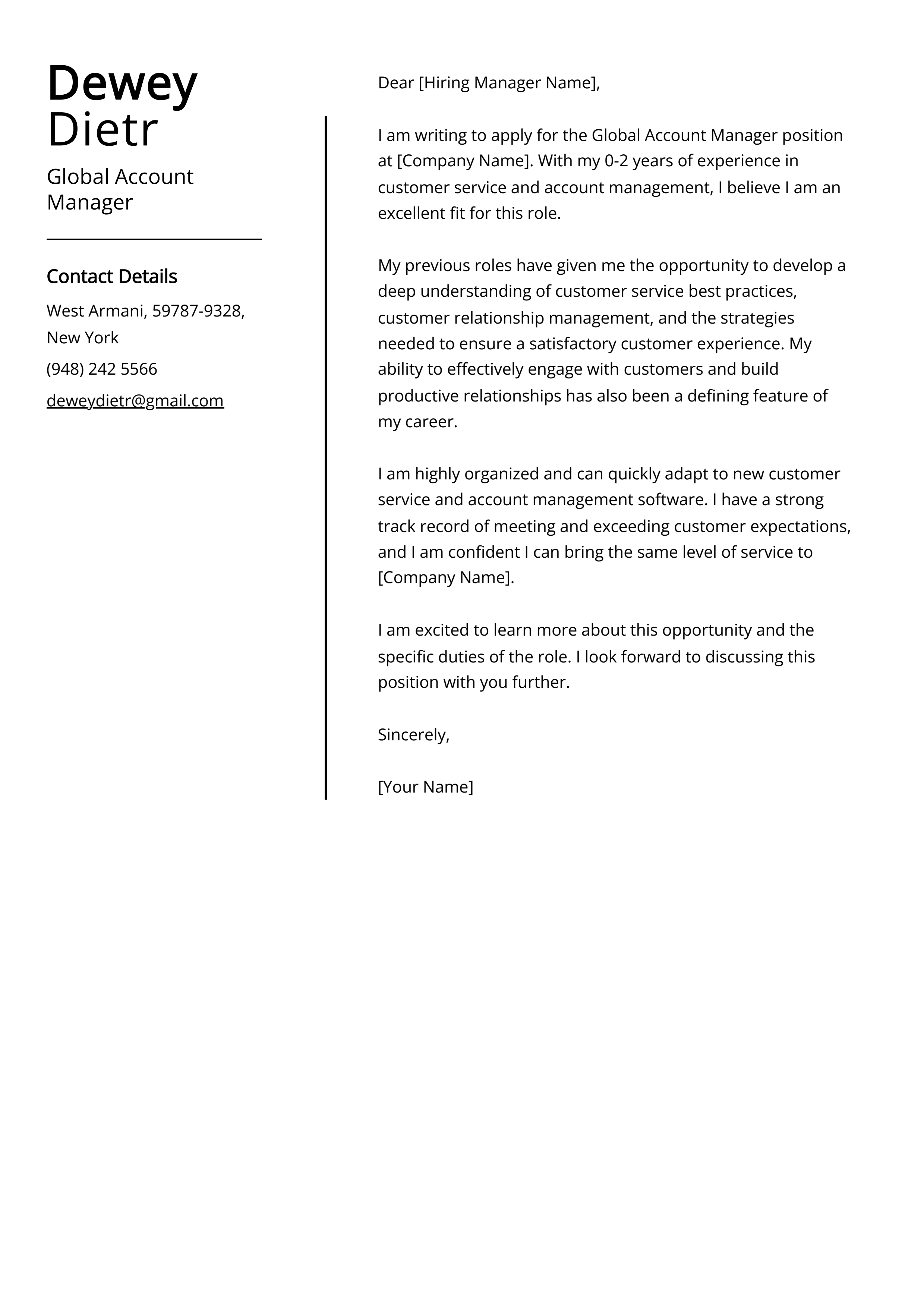 Global Account Manager Cover Letter Example