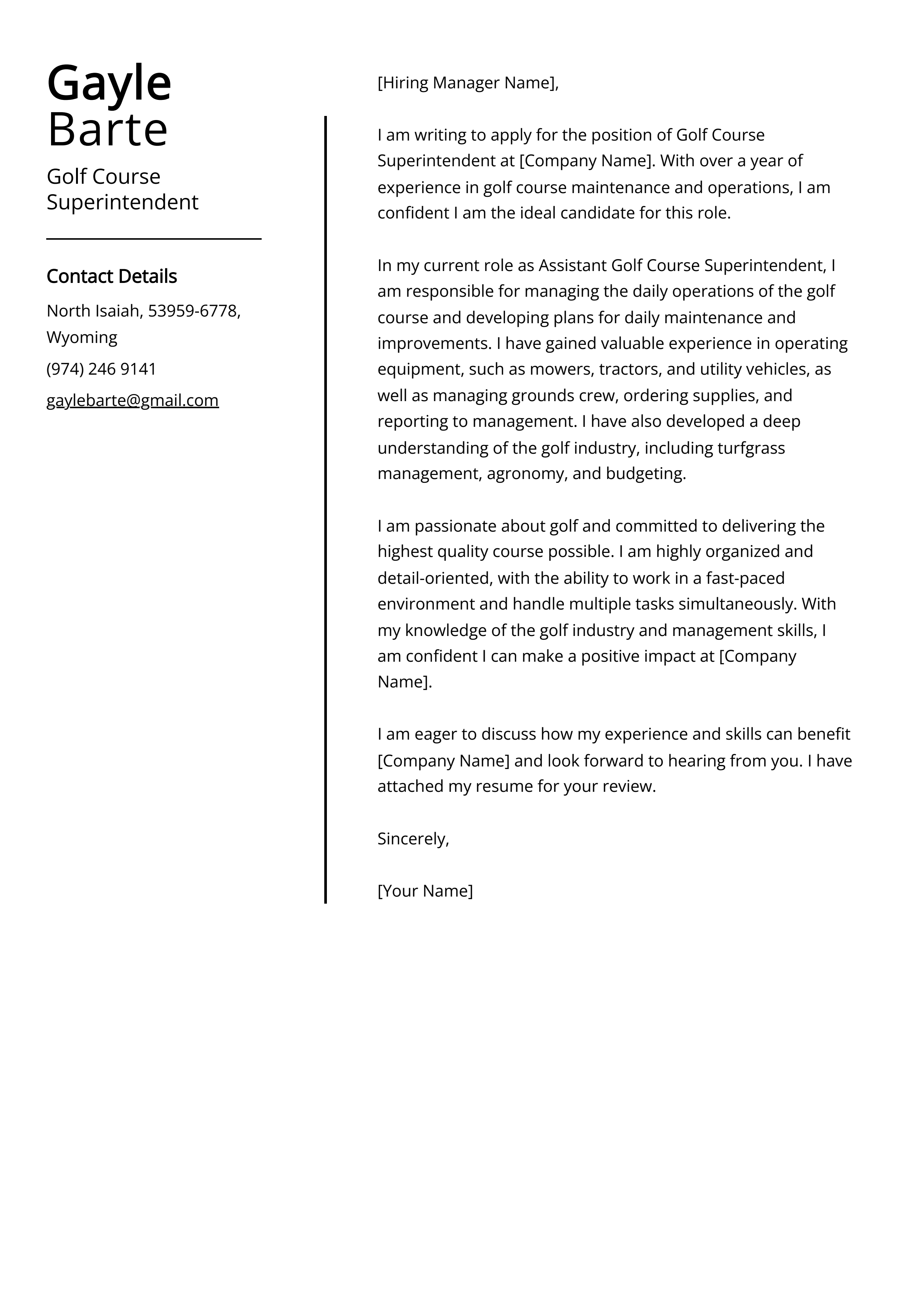 Golf Course Superintendent Cover Letter Example