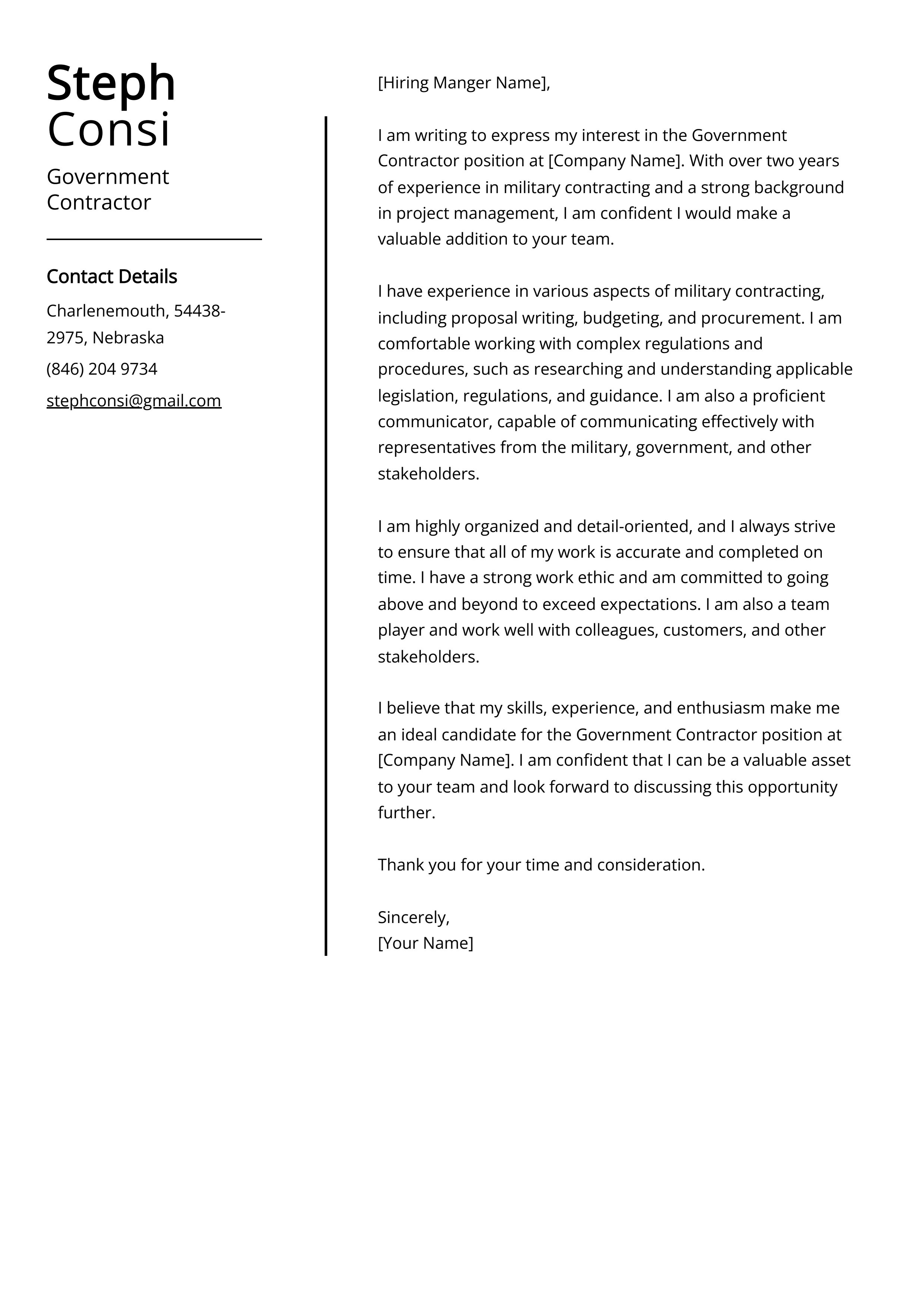 Government Contractor Cover Letter Example