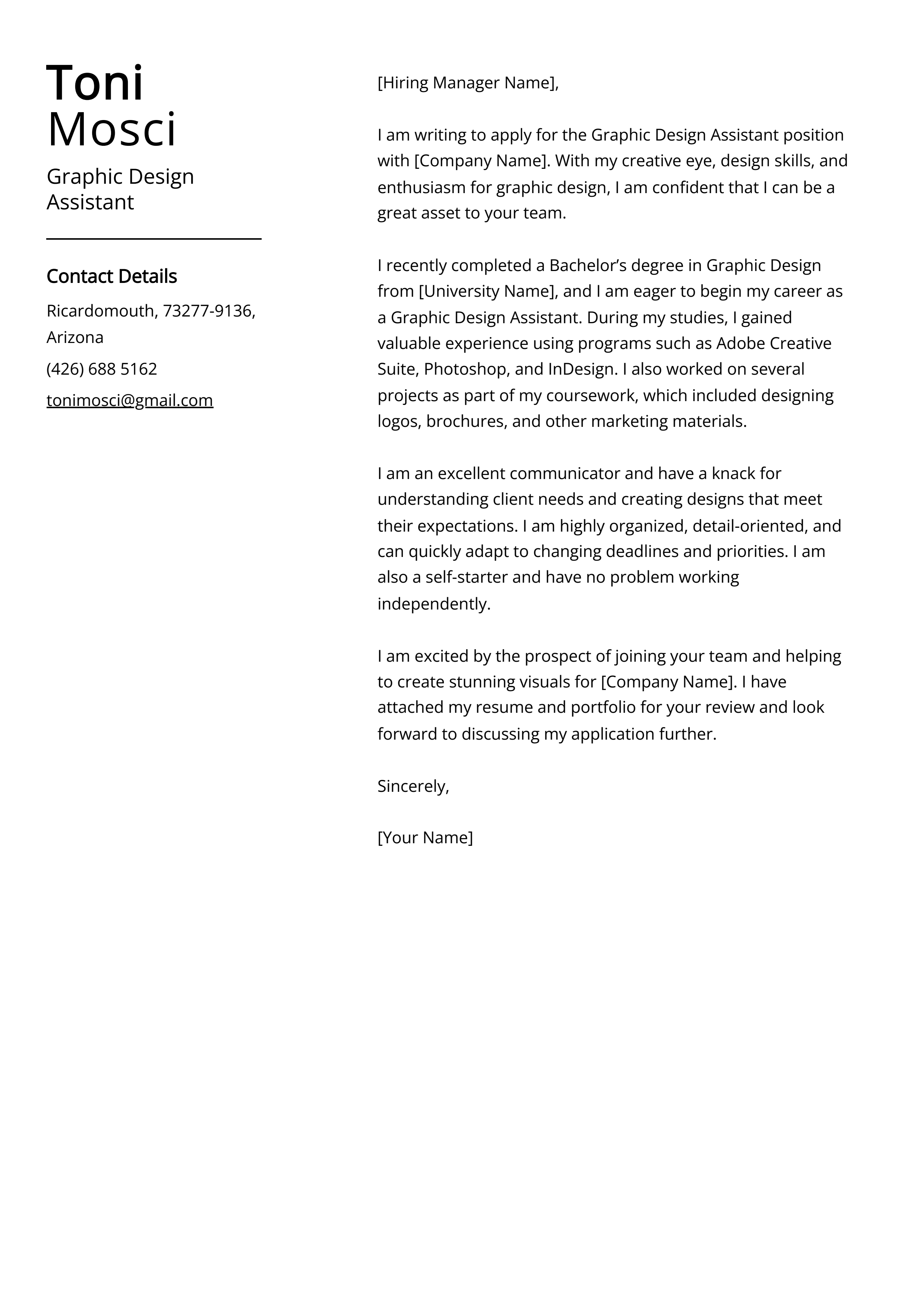 Graphic Design Assistant Cover Letter Example