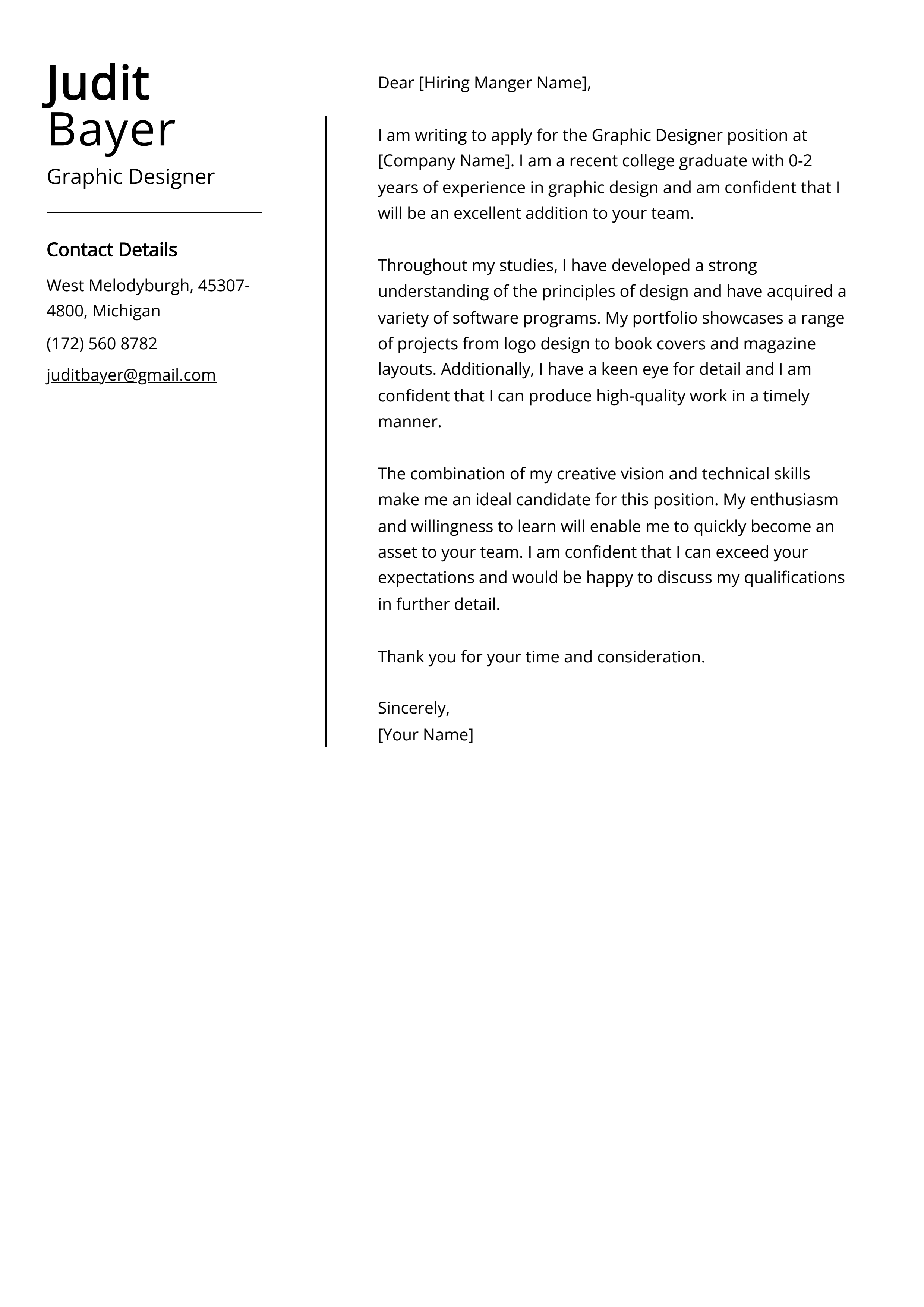 Experienced Graphic Designer Cover Letter Example