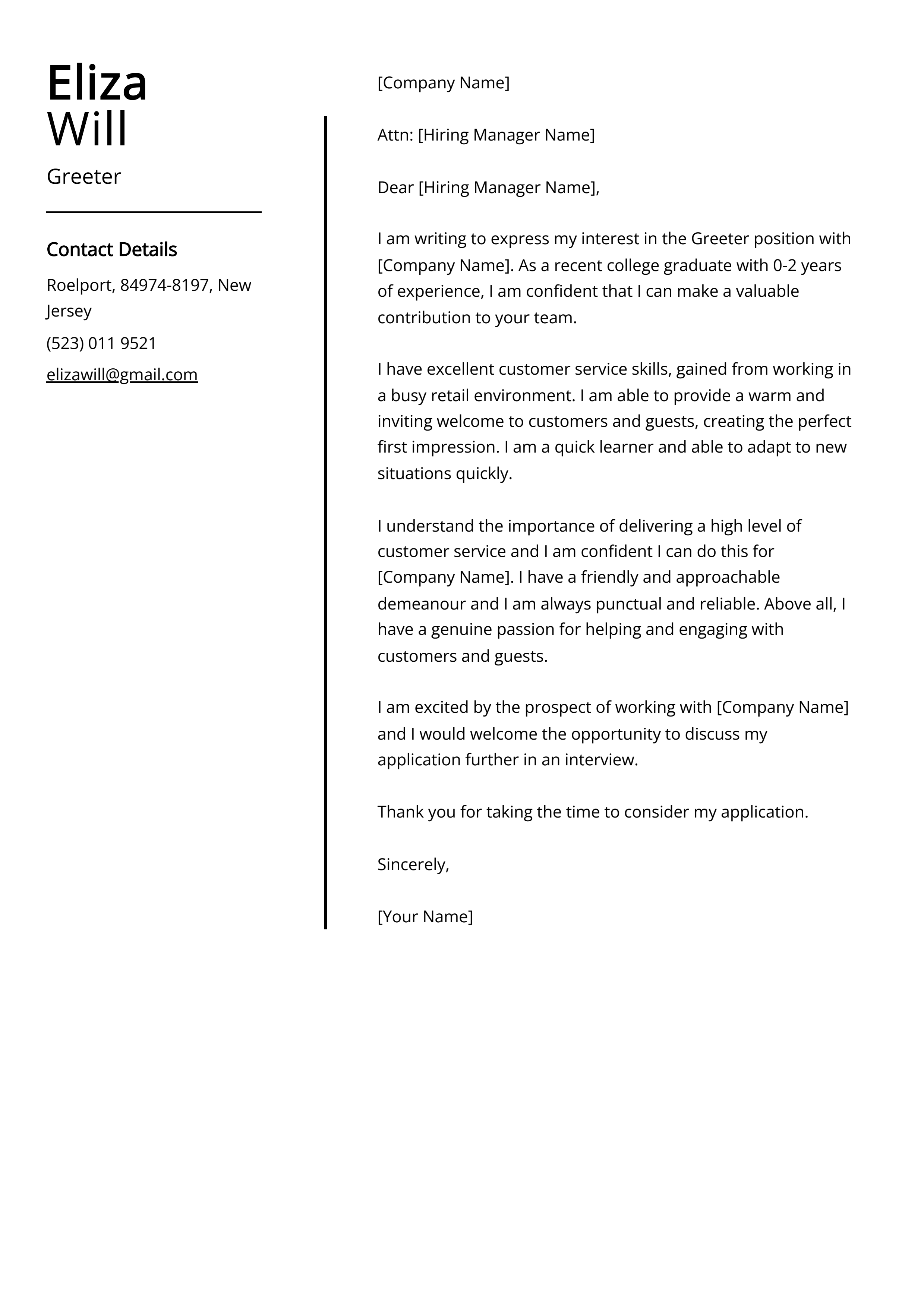 Greeter Cover Letter Example