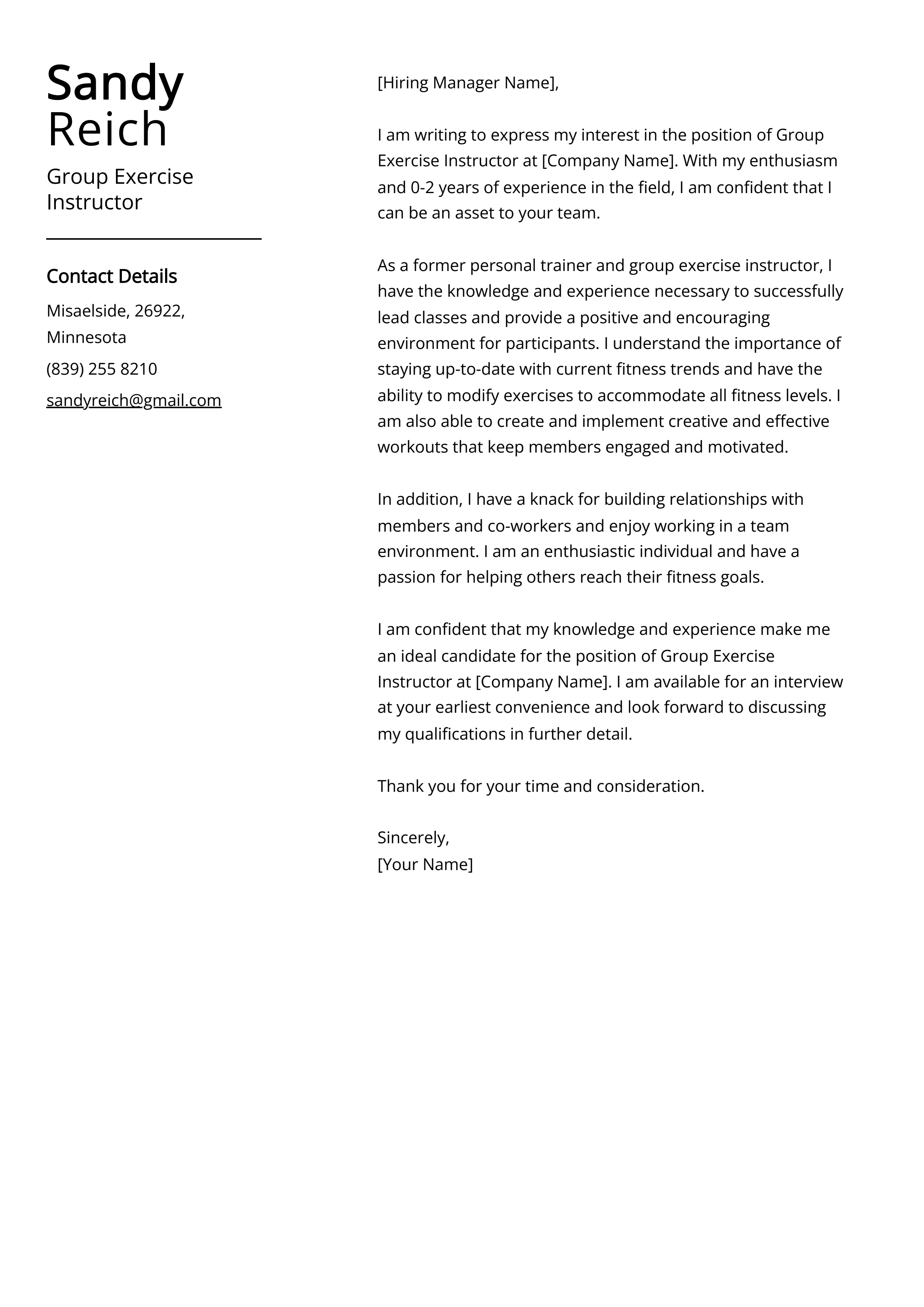 Group Exercise Instructor Cover Letter Example