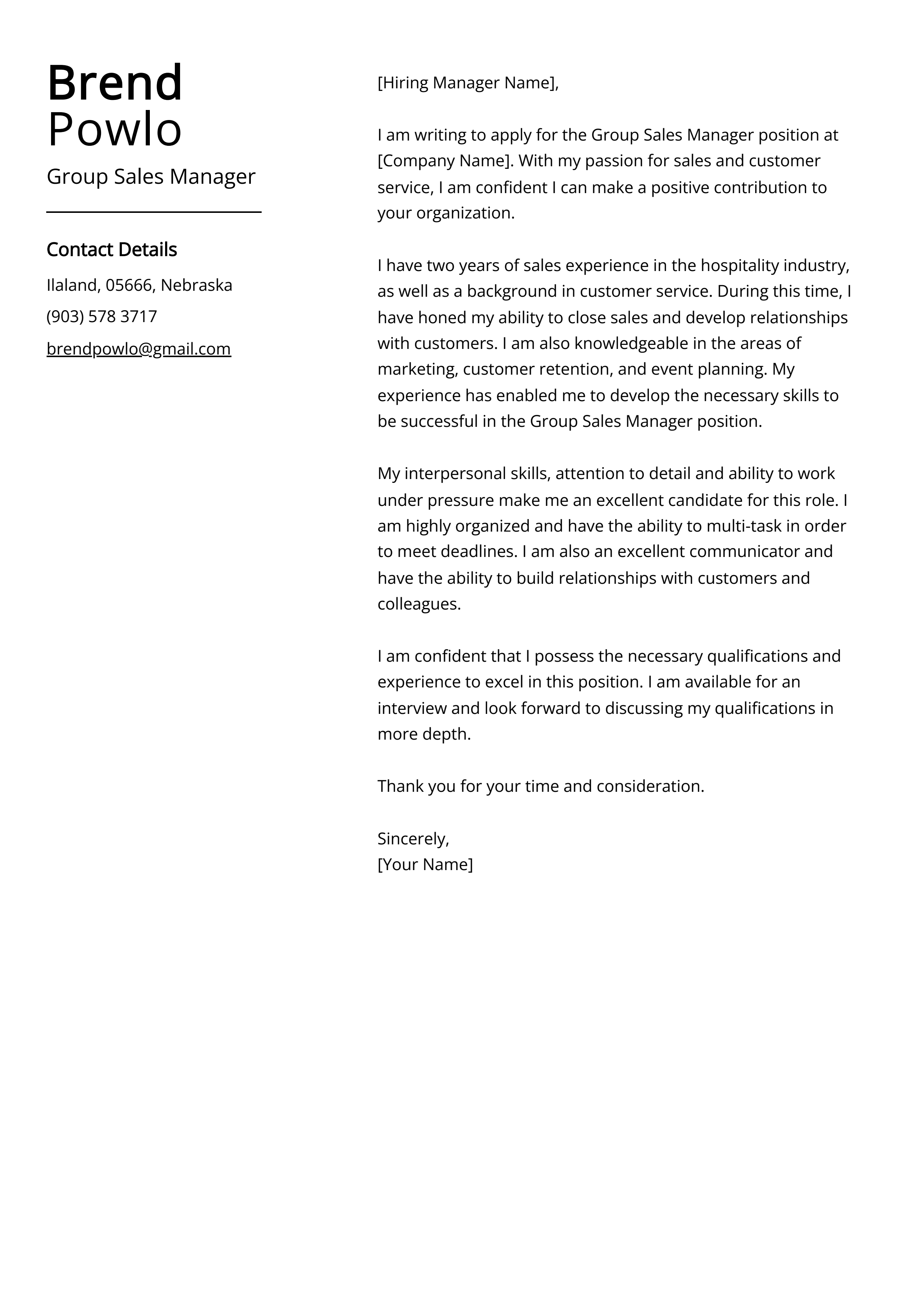 Group Sales Manager Cover Letter Example