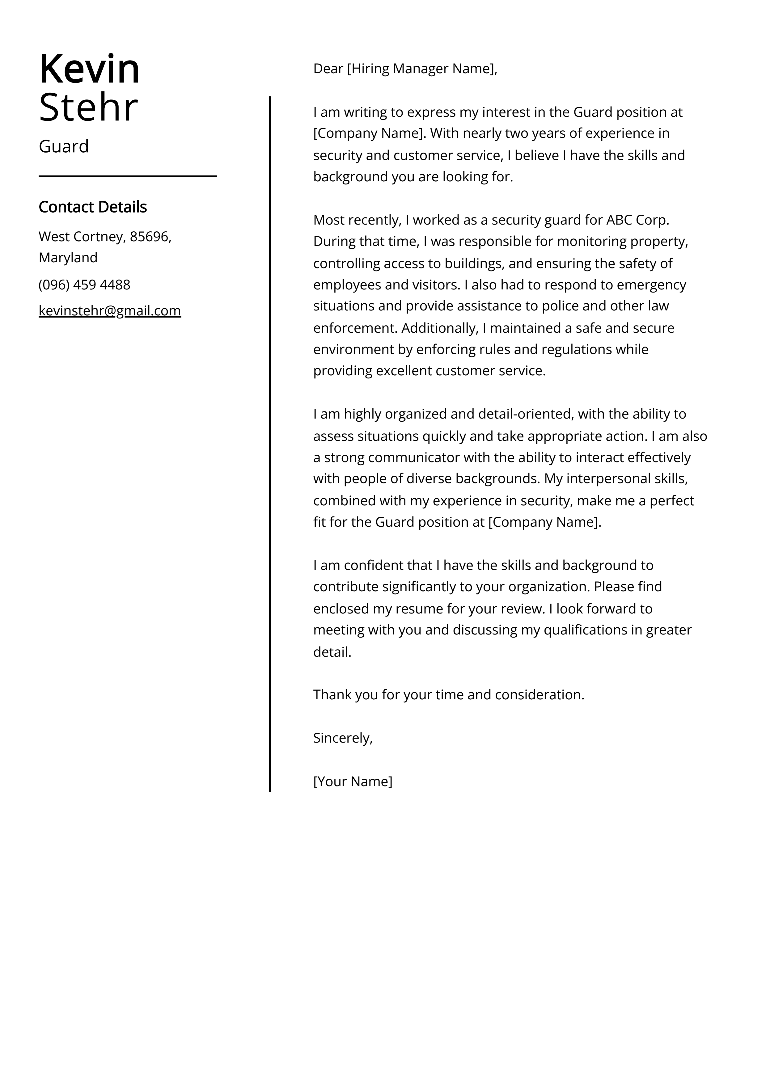 Experienced Guard Cover Letter Example