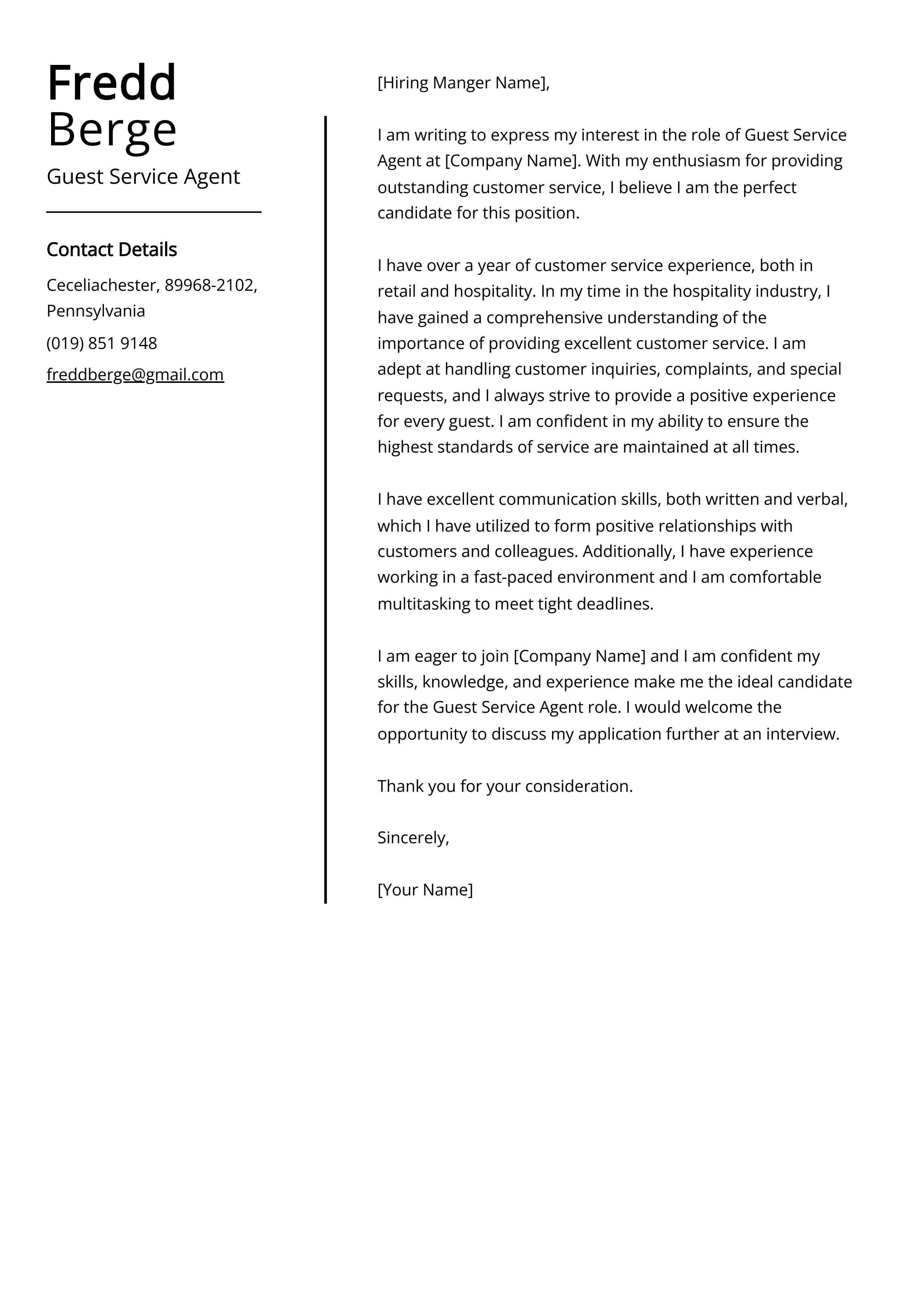 Guest Service Agent Cover Letter Example