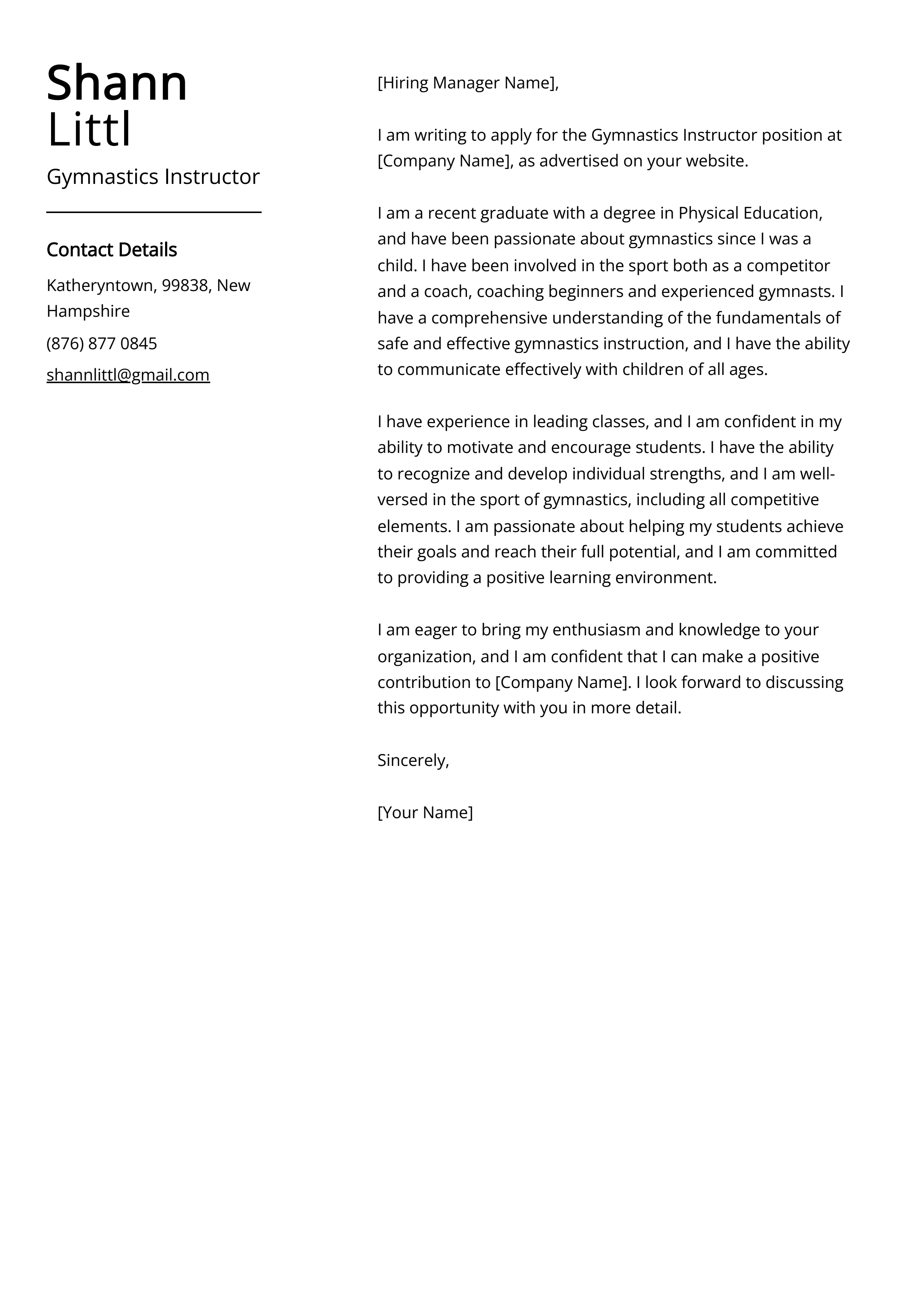 Gymnastics Instructor Cover Letter Example