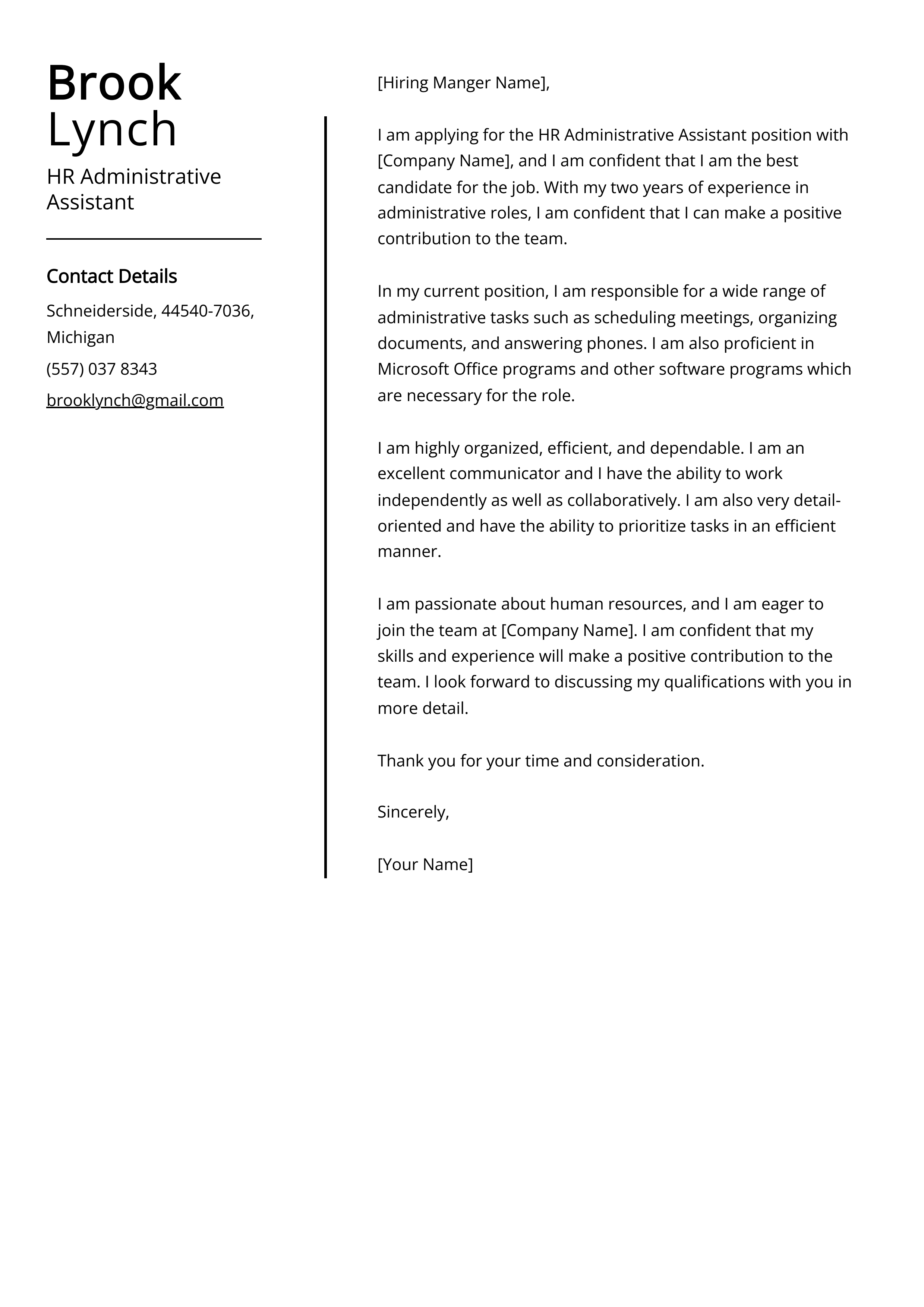 HR Administrative Assistant Cover Letter Example