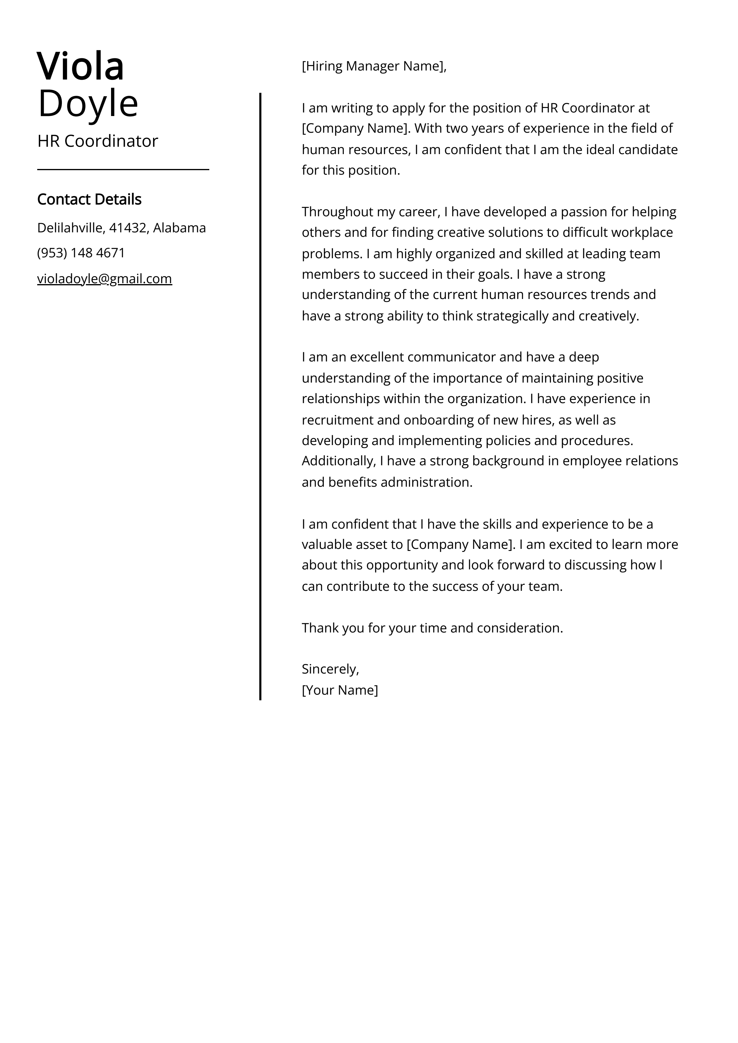 HR Coordinator Cover Letter Example