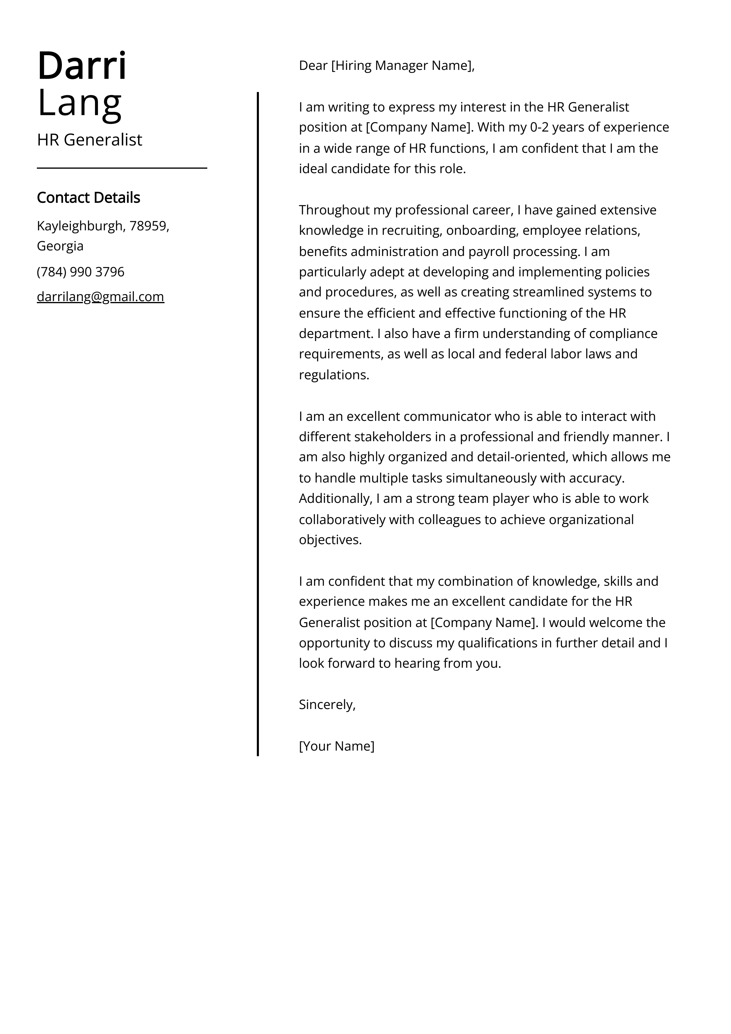HR Generalist Cover Letter Example