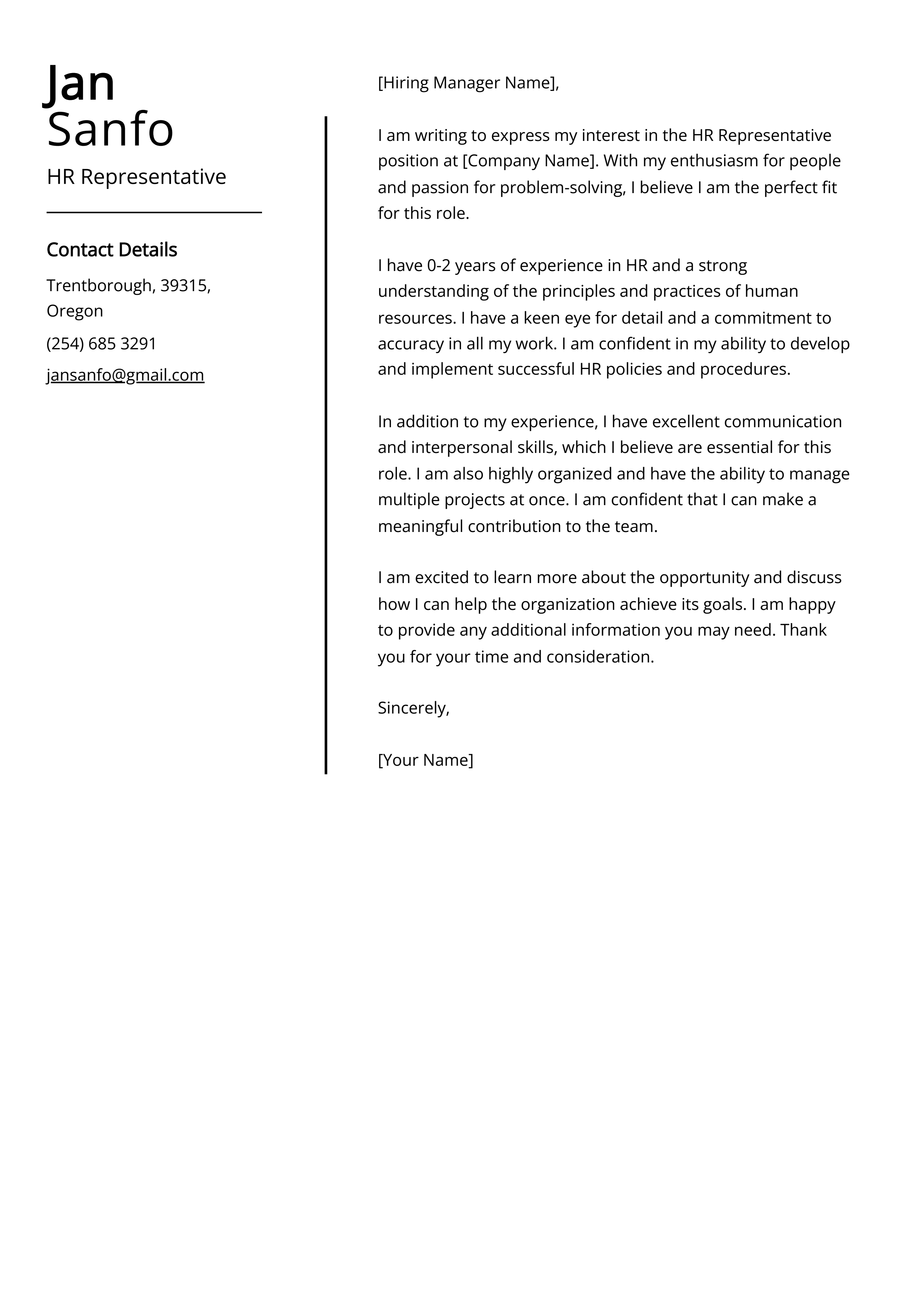 HR Representative Cover Letter Example