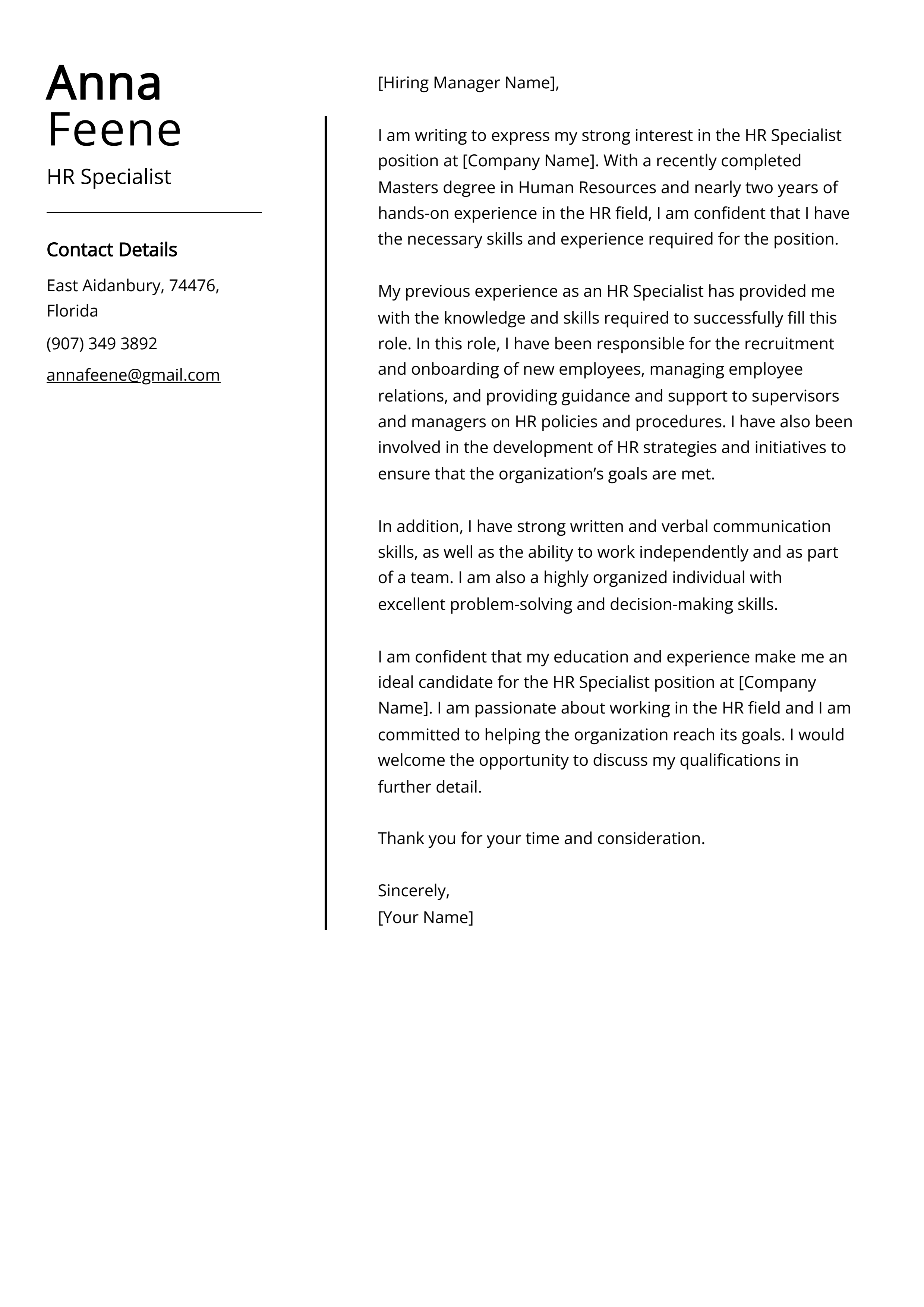 HR Specialist Cover Letter Example