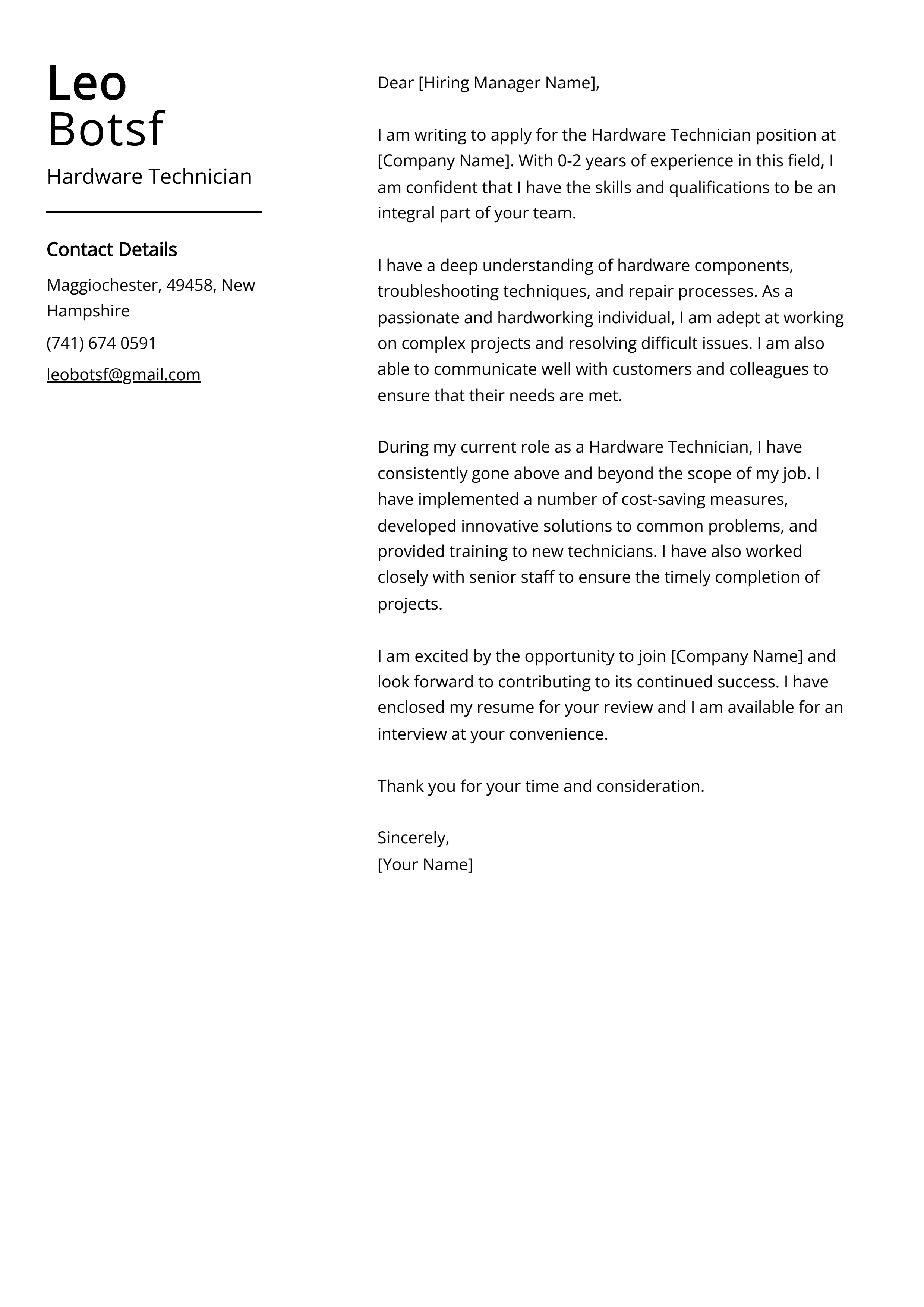 Hardware Technician Cover Letter Example