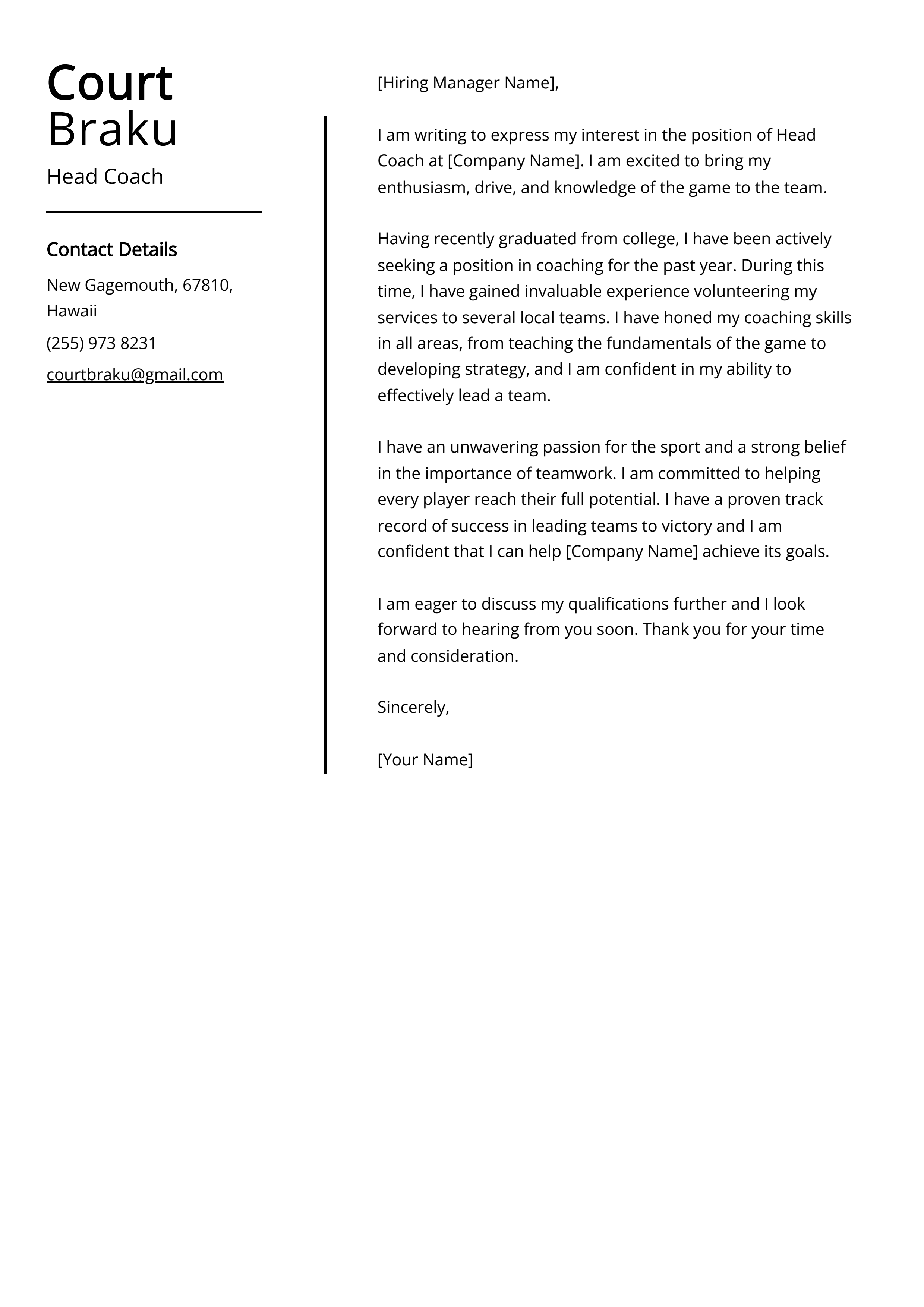 Head Coach Cover Letter Example